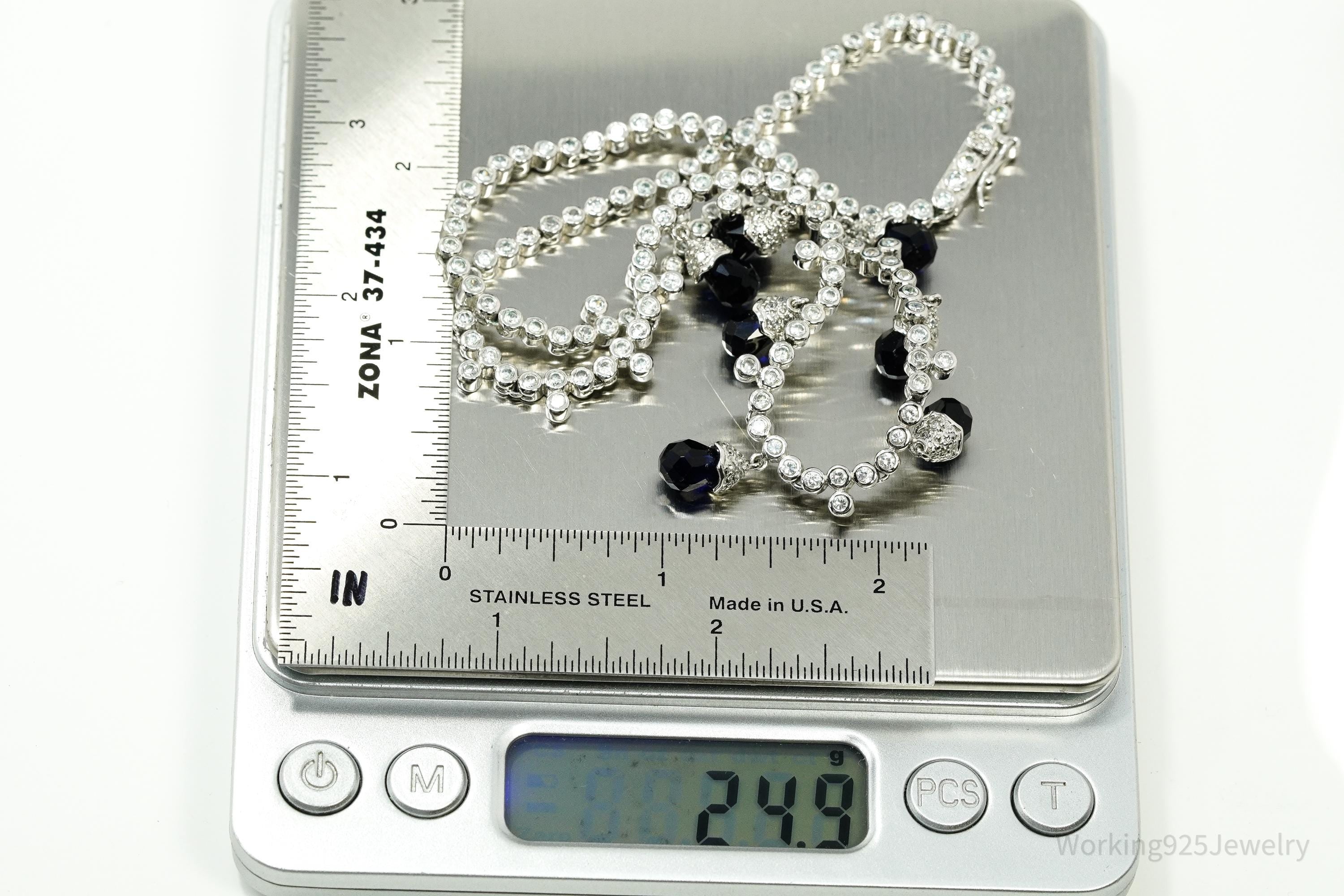 Vintage Lab Created Sapphire & Cubic Zirconia Sterling Silver Necklace 16"