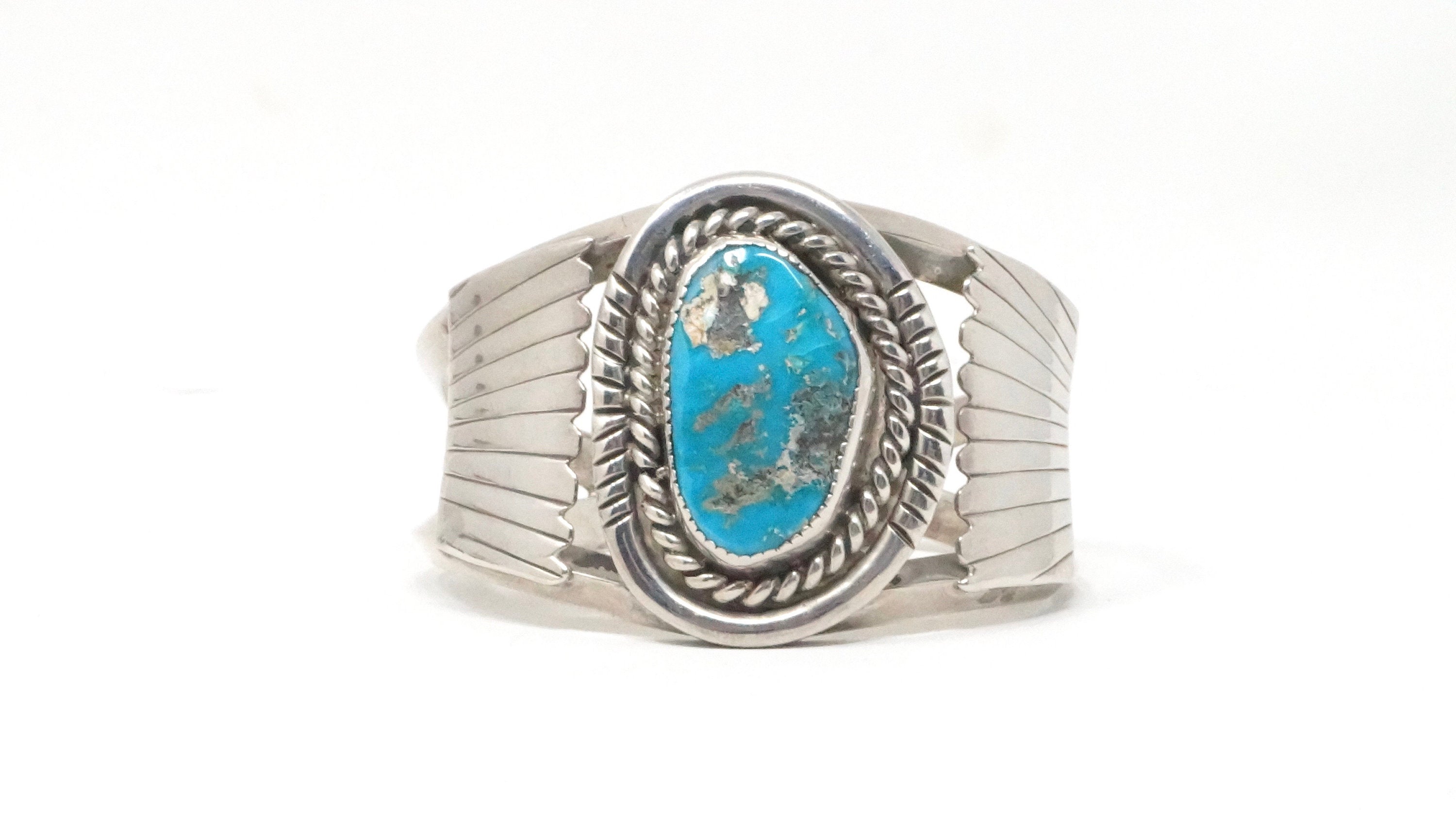 Vintage Native American WF Large Turquoise Rope Sterling Silver Cuff Bracelet