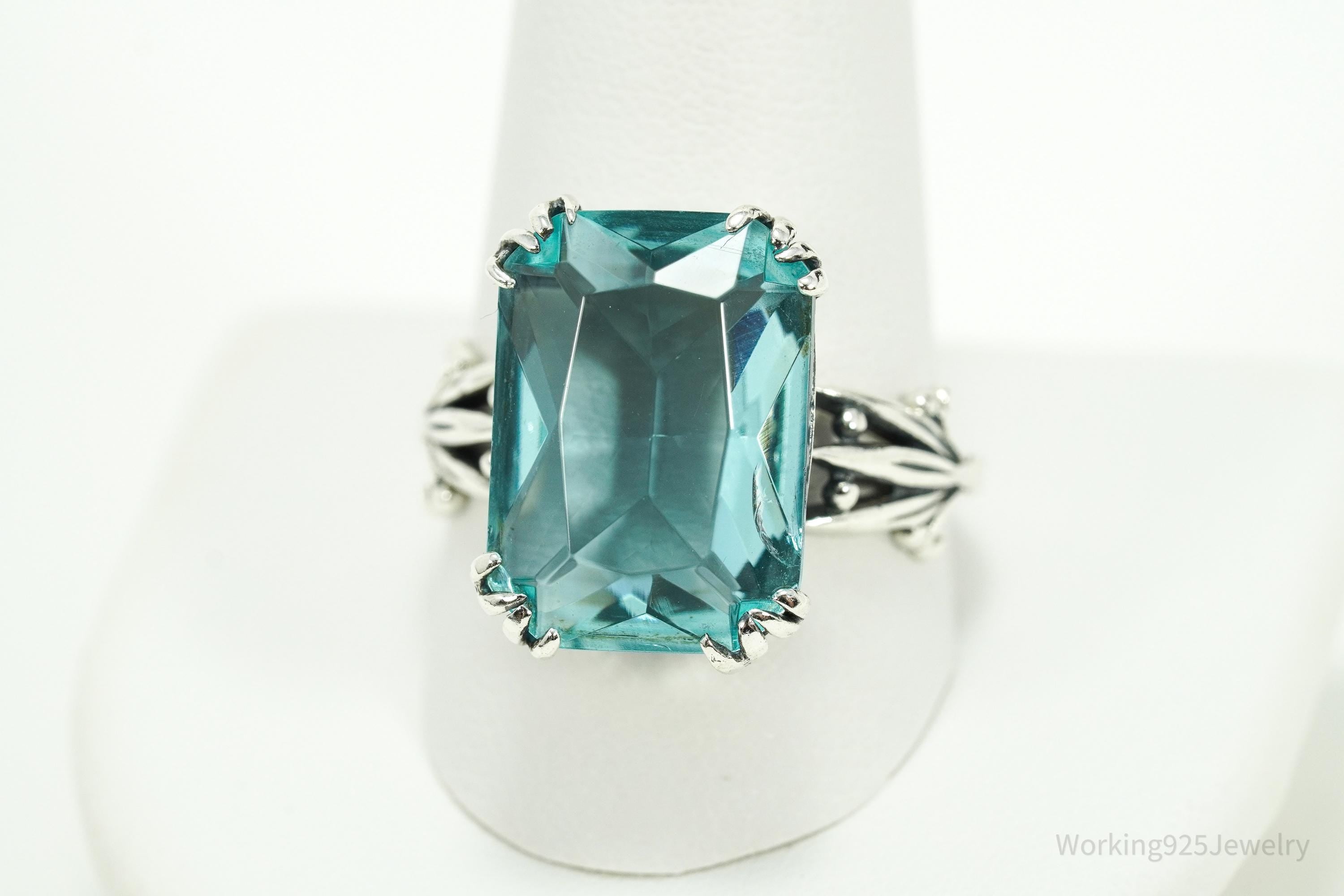 Vintage Faux Glass Blue Topaz Sterling Silver Plated Ring - Size 11.5