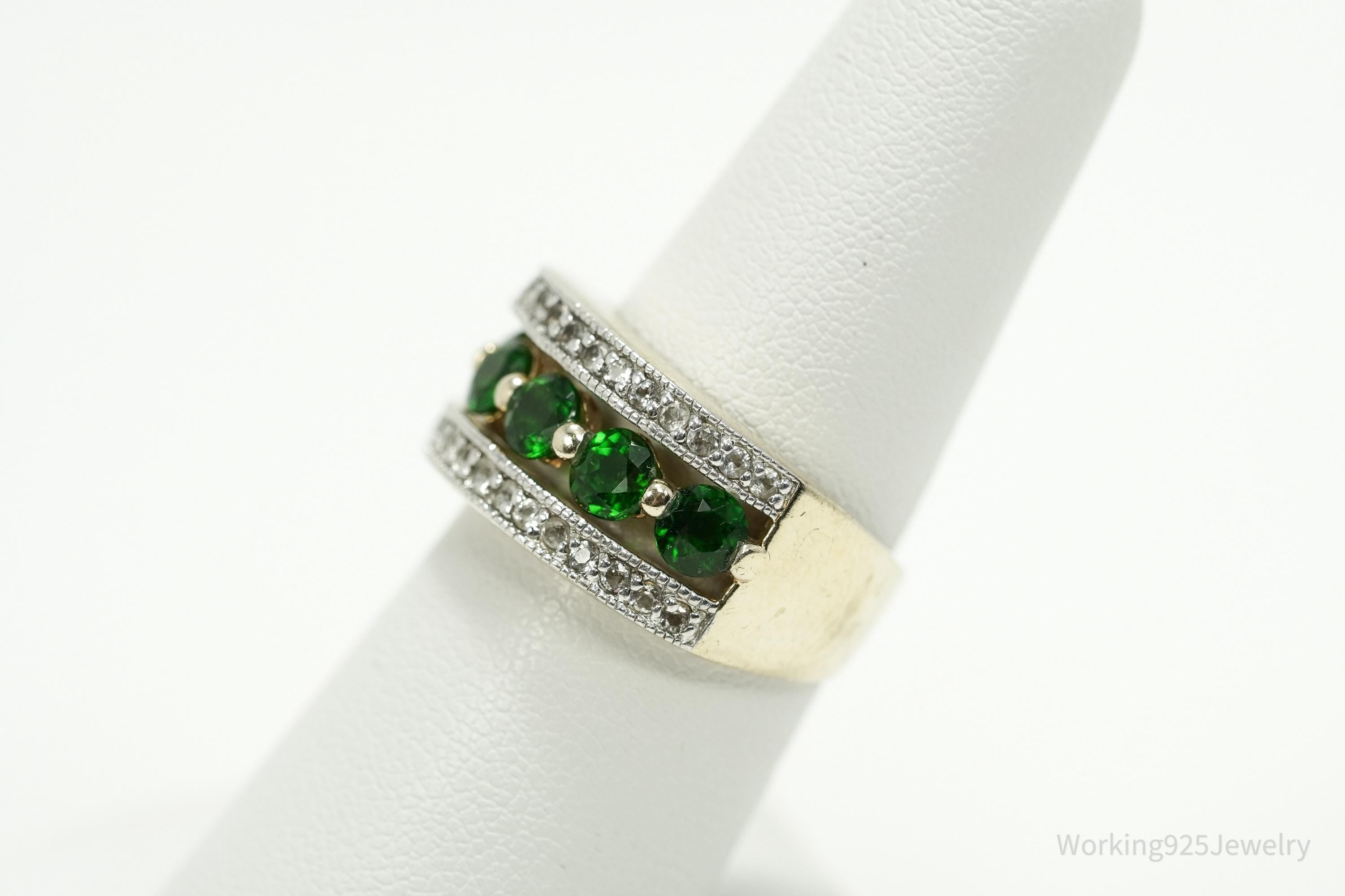 Vintage Green Chrome Diopside & White Topaz Gold Over Sterling Silver Ring - Size 6.75