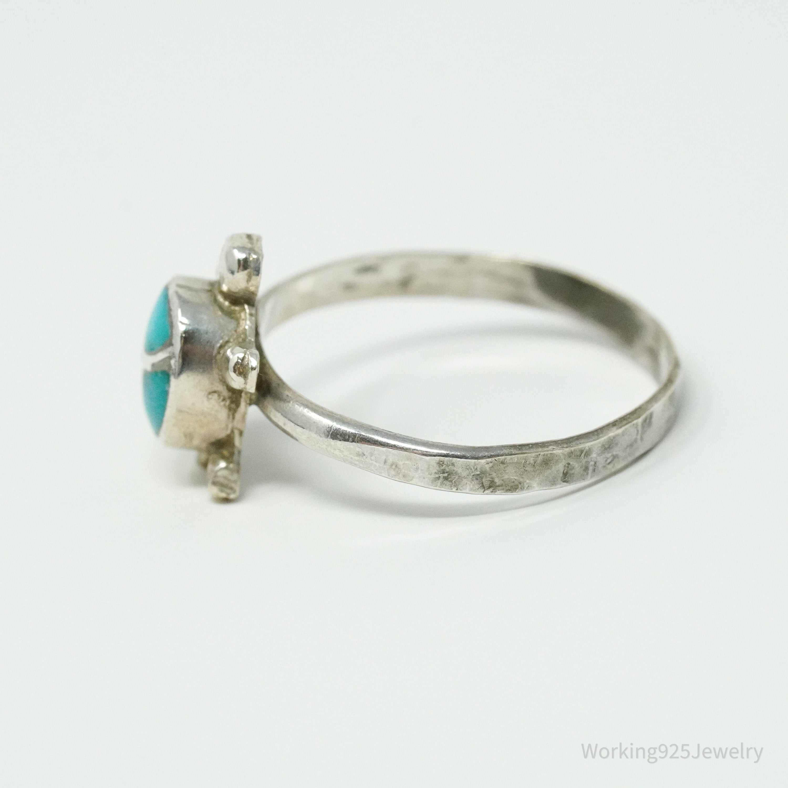 Vintage Native American Turquoise Inlay Turtle Handmade Silver Ring - Size 6.75