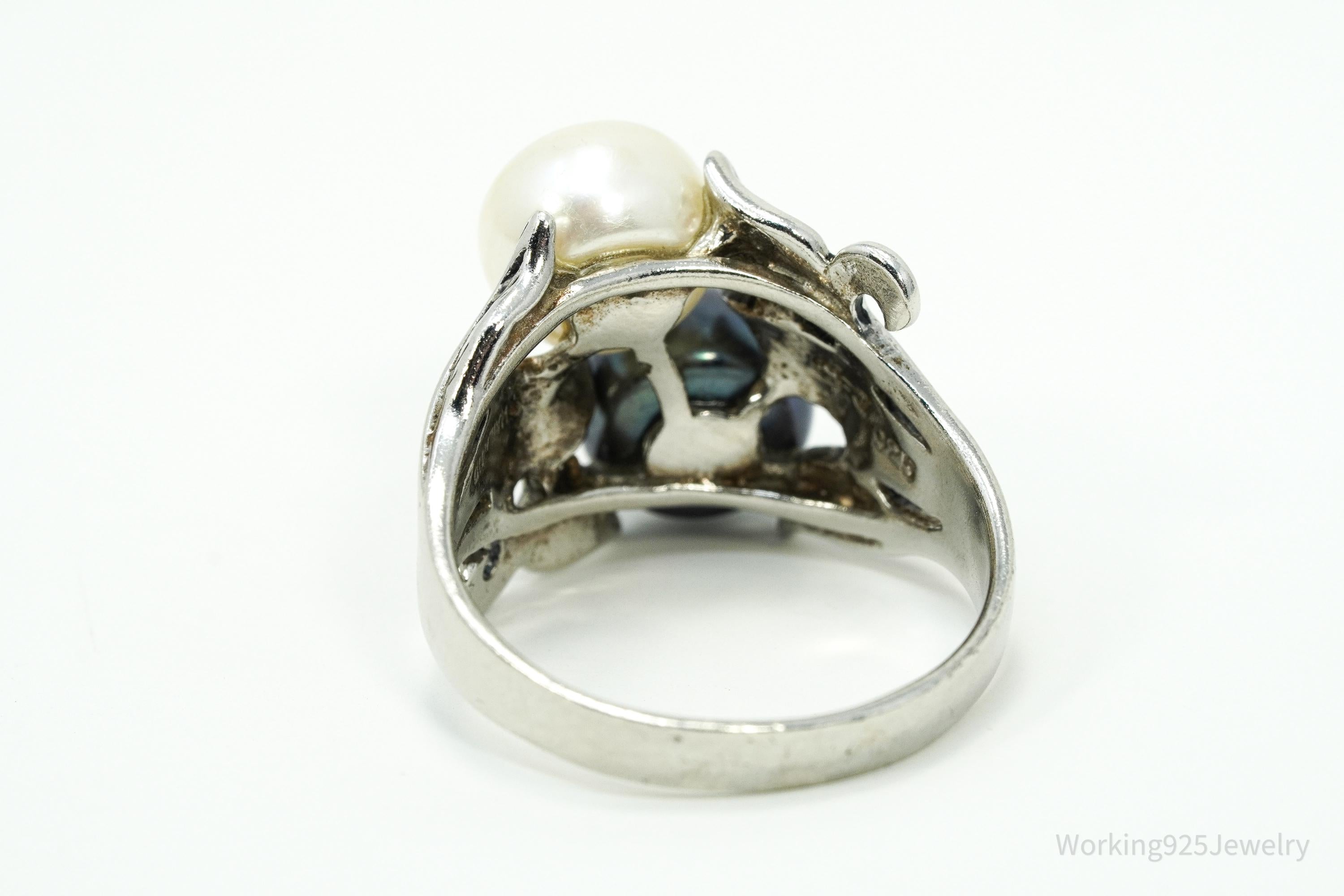 Vintage Designer CFJ White & Tahitian Pearl Sterling Silver Ring Size 10.75