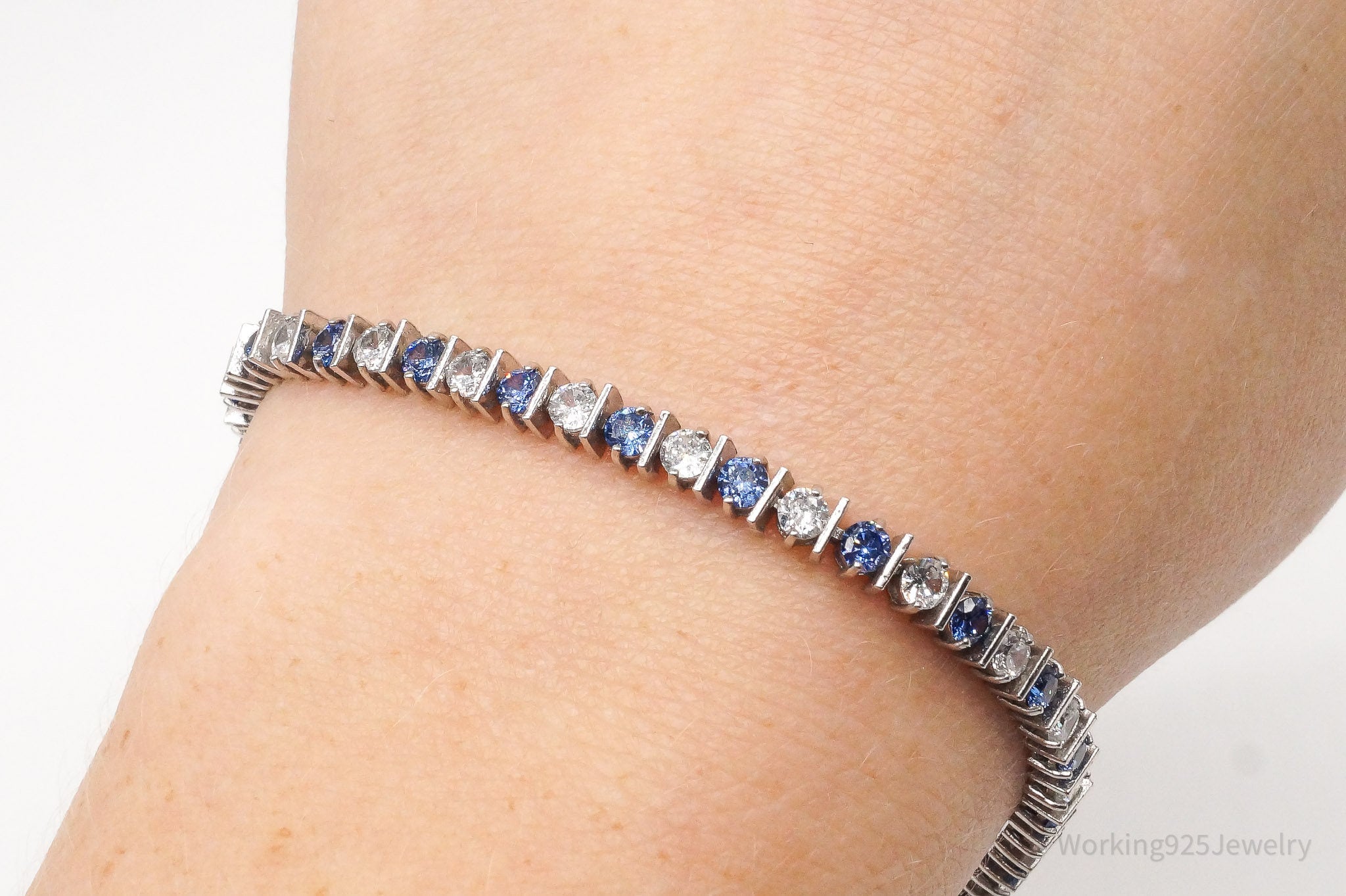 Vintage FAS Blue & White Cubic Zirconia Sterling Silver Bracelet