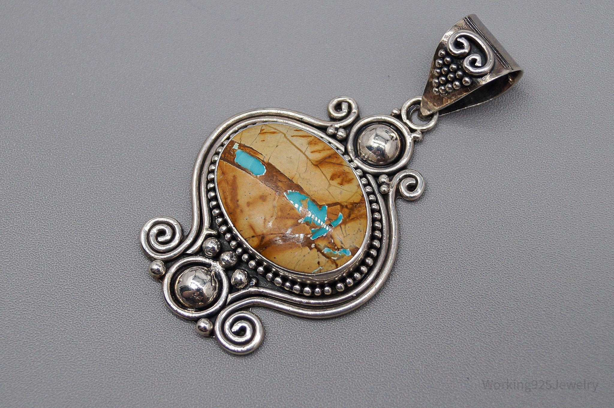 Large Vintage BNY Jasper With Hint Of Turquoise Sterling Silver Pendant