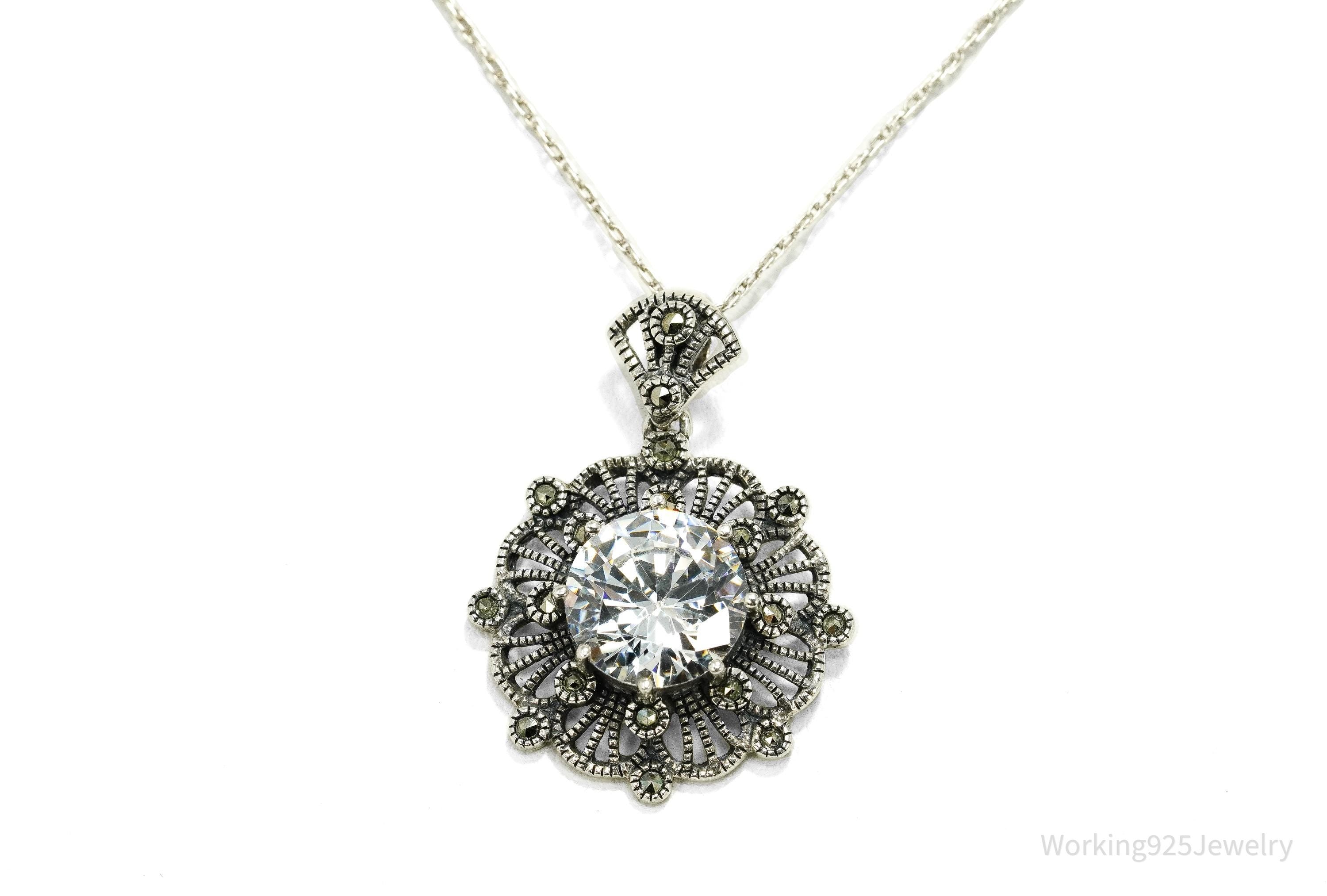 Vintage Large Cubic Zirconia & Marcasite Sterling Silver Necklace 20"