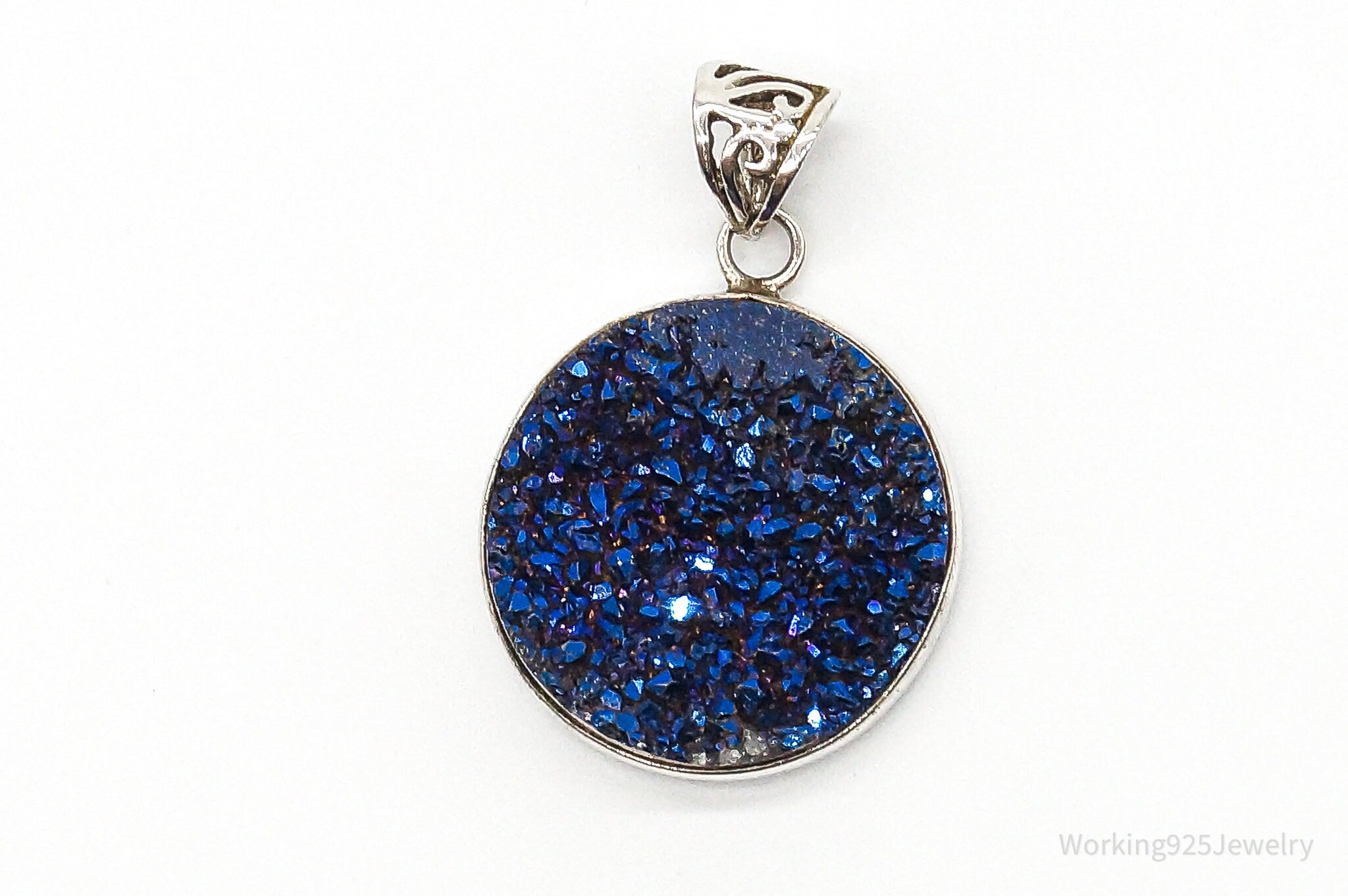 Vintage Large Blue Druzy Quartz Sterling Silver Pendant