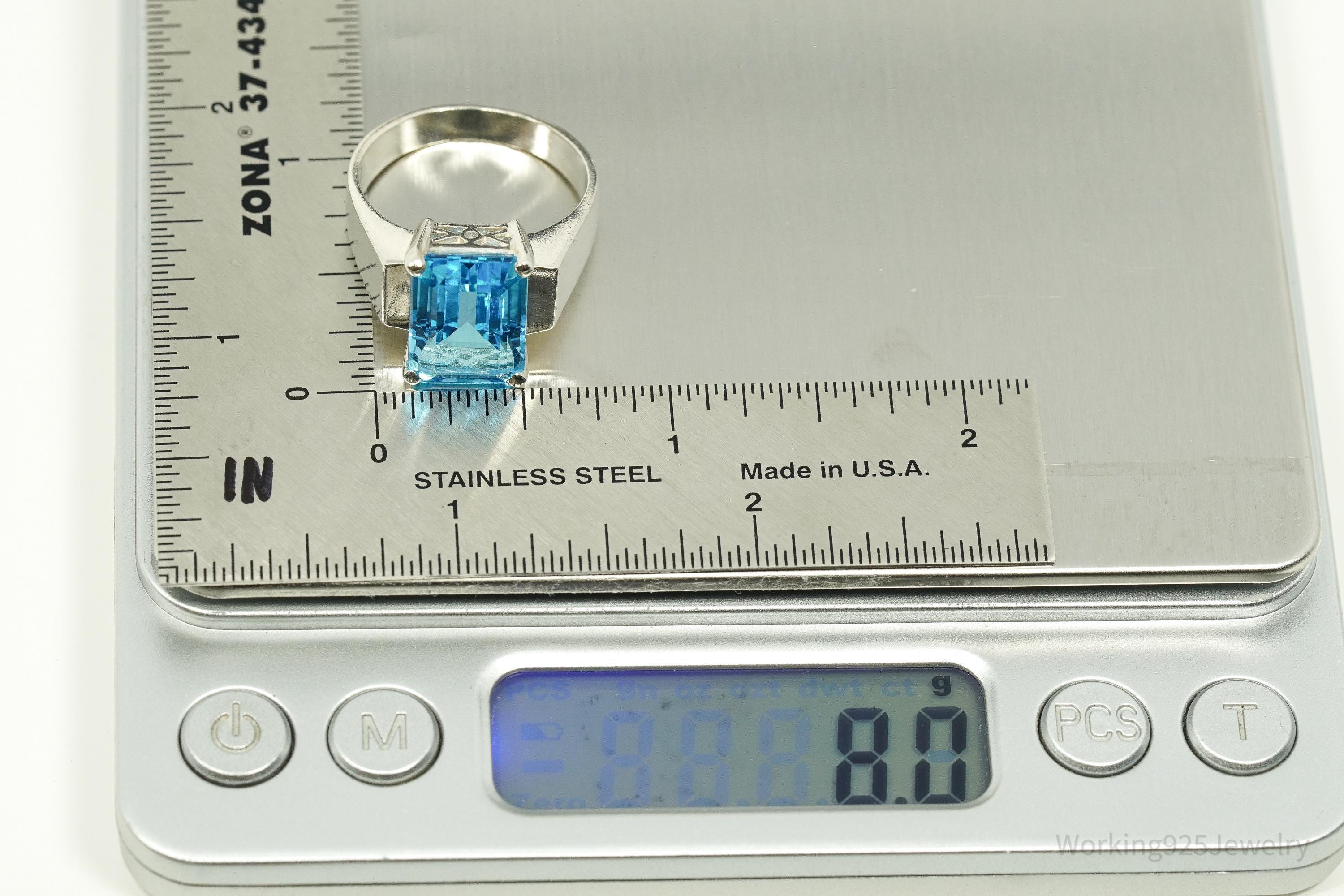 Vintage Large Blue Topaz Sterling Silver Ring - Size 10