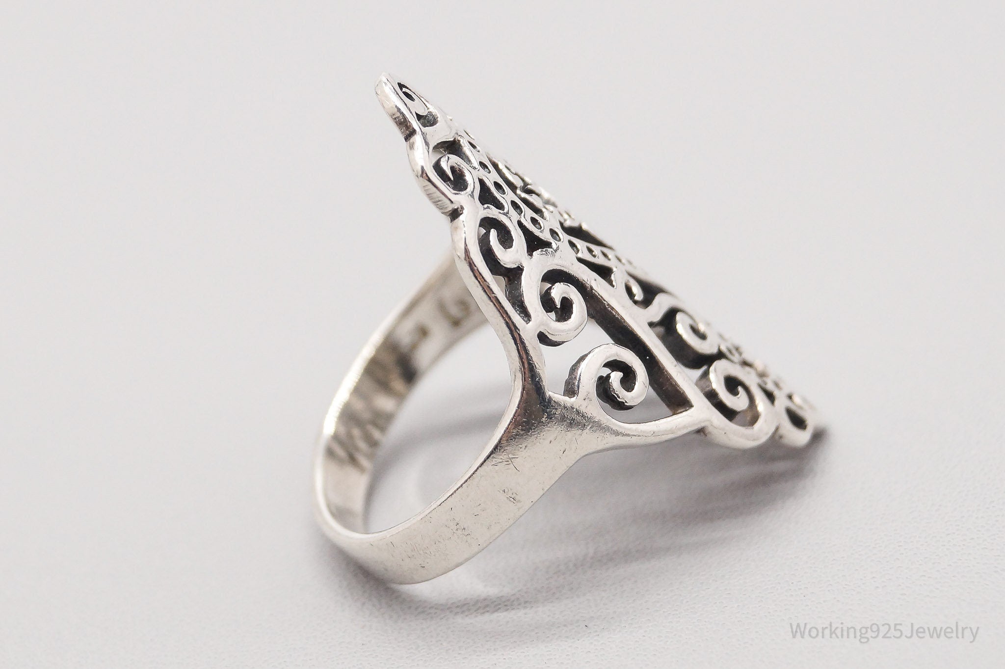 Vintage Long Scroll Swirls Filigree Sterling Silver Ring - Size 6.5