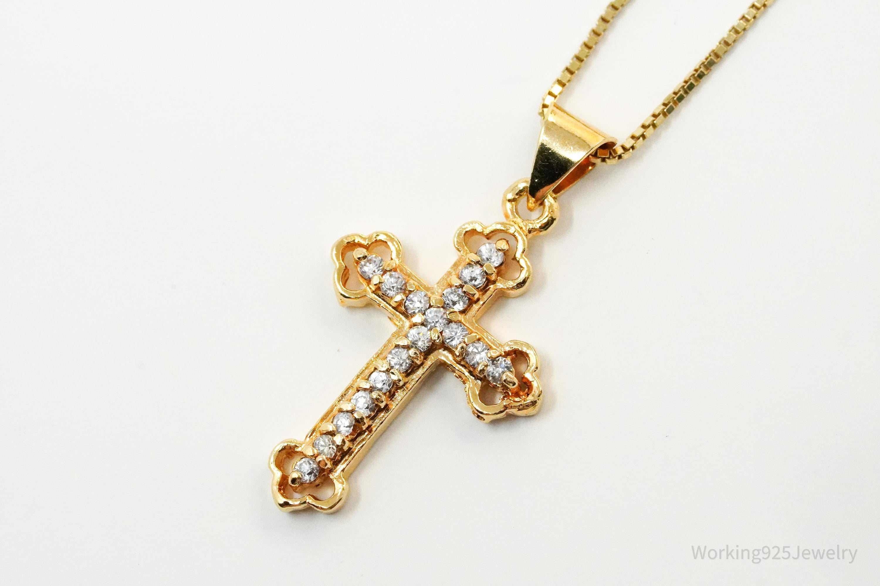 Vintage Cubic Zirconia Gold Over Sterling Silver Cross Necklace 22"