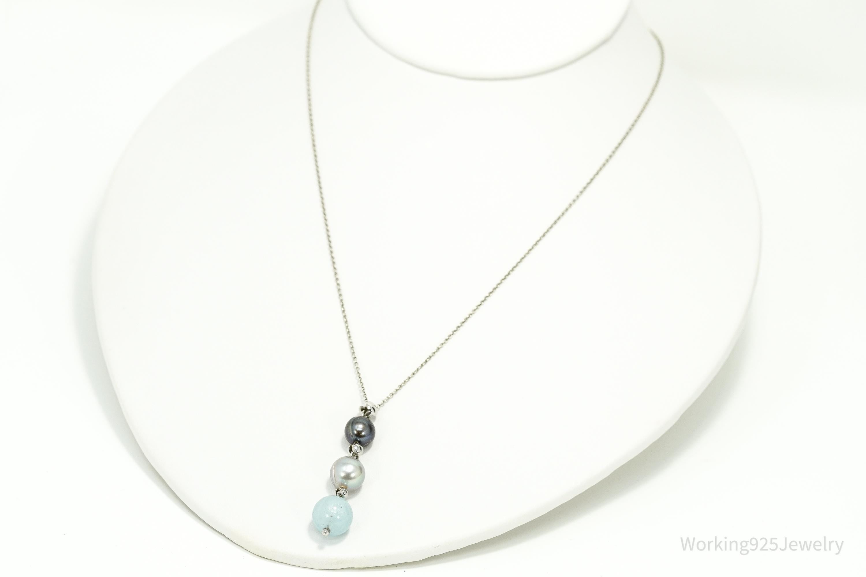 Vintage Pearl & Aquamarine Sterling Silver Necklace 18"