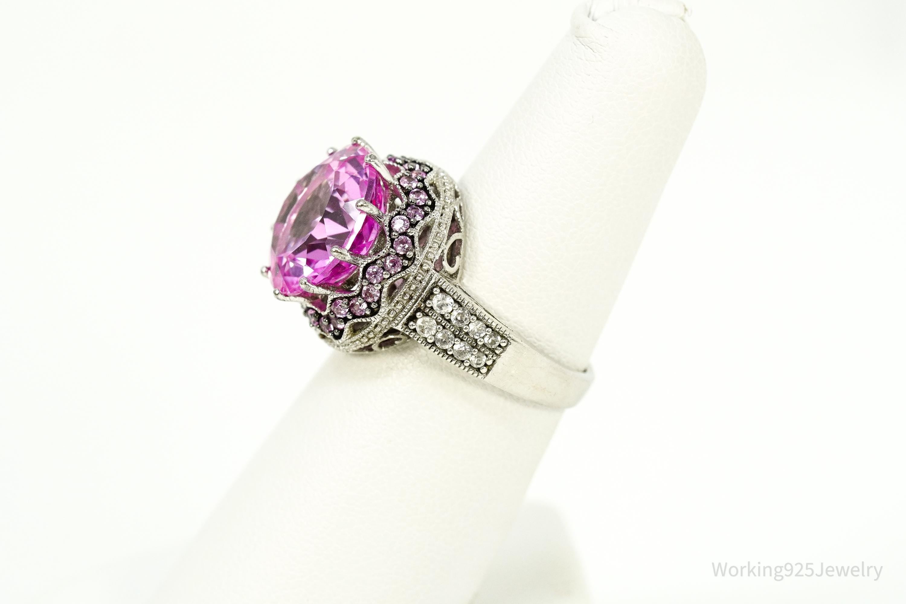 Vintage Large Pink & White Sapphire Sterling Silver Ring - Size 6.5