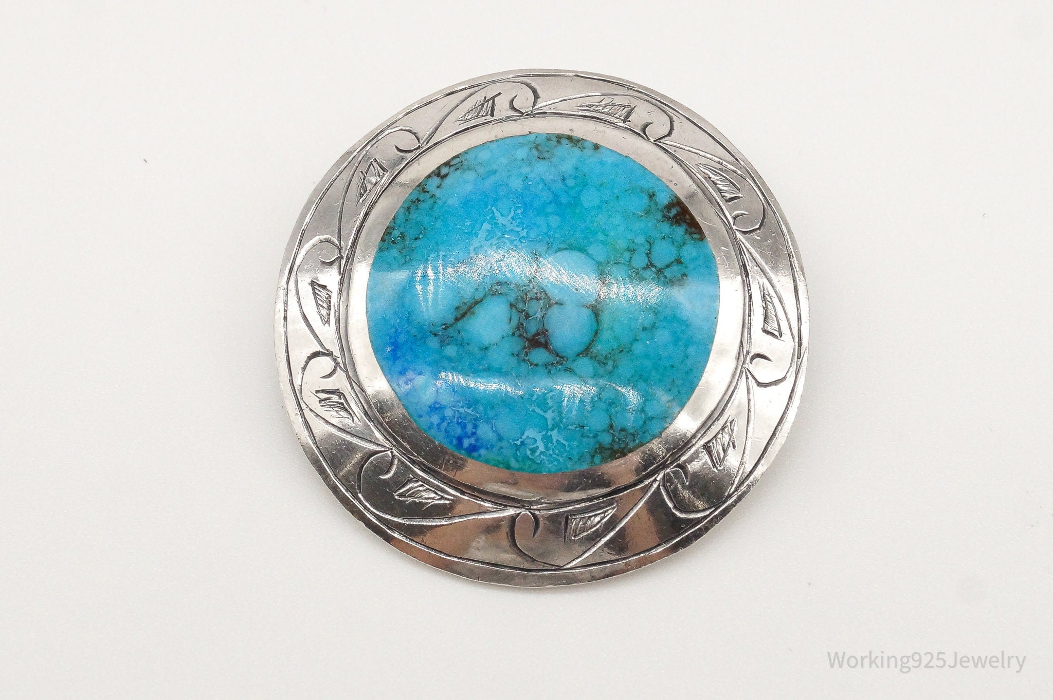 Vintage Peru Artisan Graziella Laffi Blue Turquoise Sterling Silver Brooch Pin