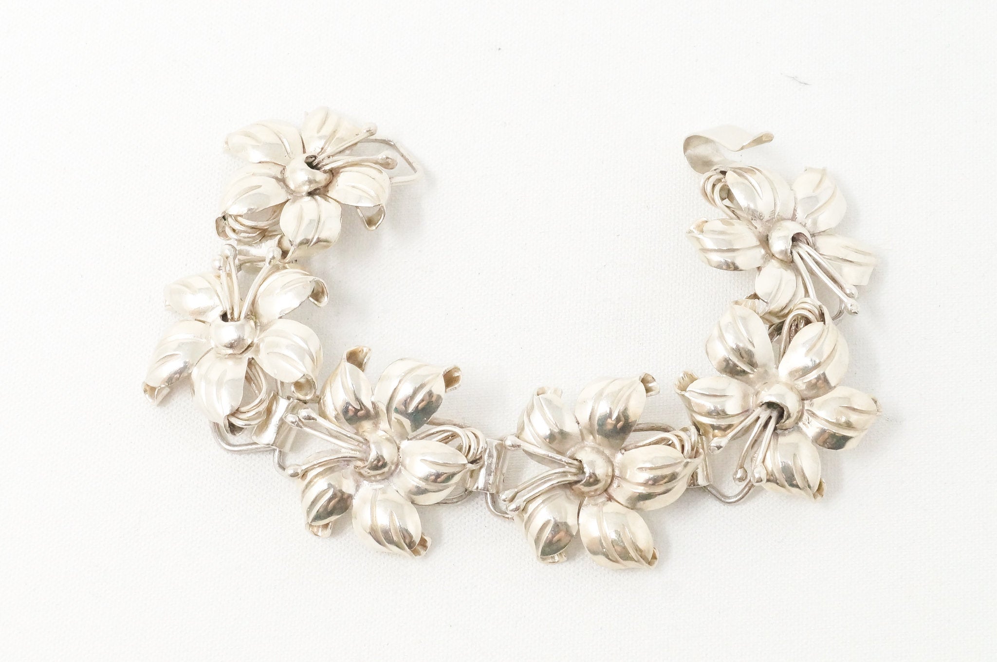 Vintage Mexico Art Nouveau Motif Flower 950 Silver Panel Bracelet