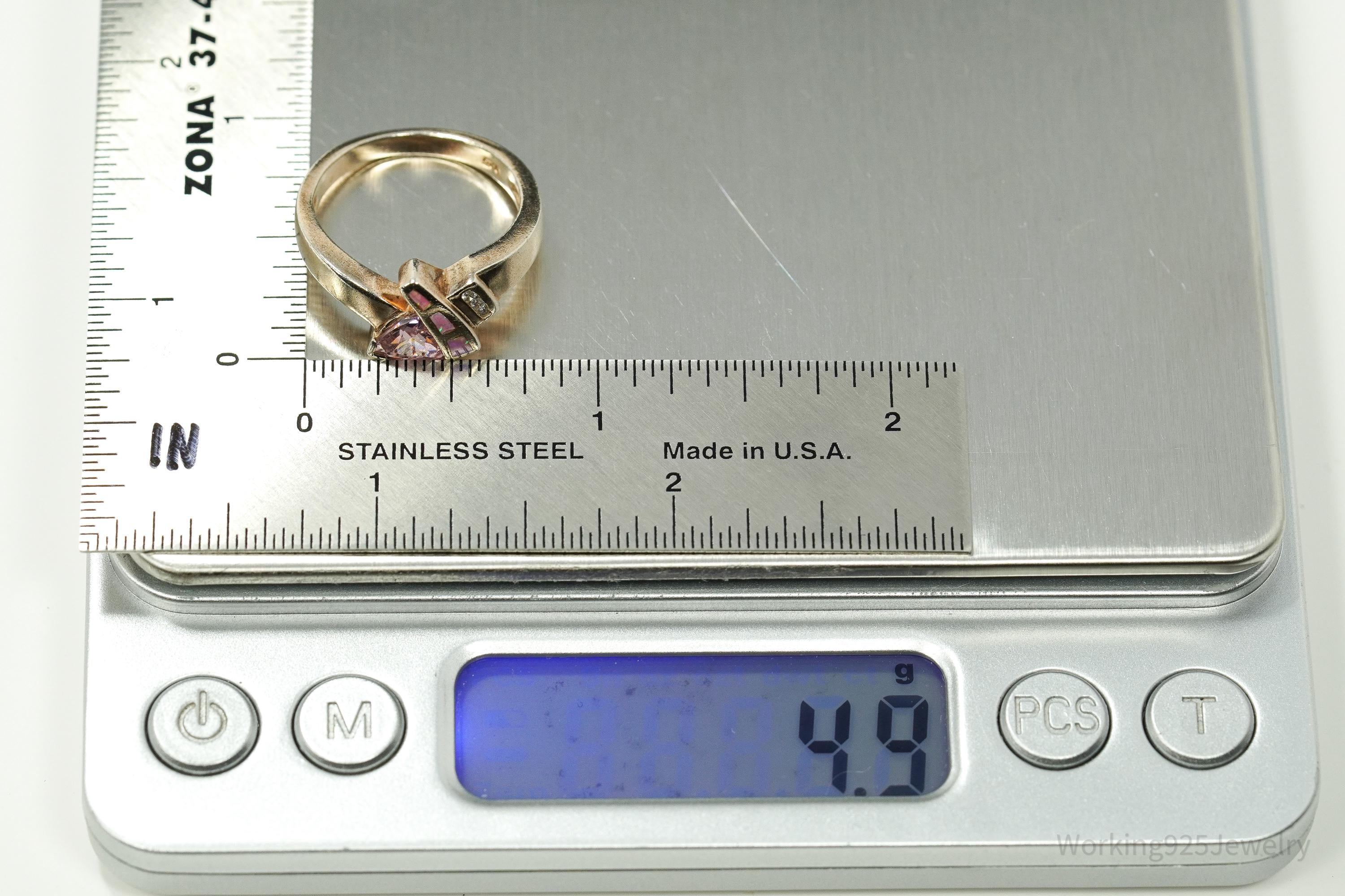 Vintage Pink & White Cubic Zirconia Opal Inlay Rose Gold Vermeil Sterling Silver Ring - Size 7.5