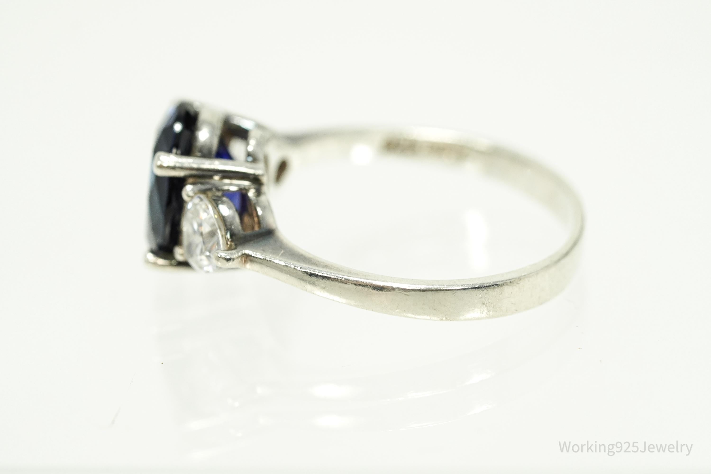 Vintage Lab Sapphire & Cubic Zirconia Sterling Silver Ring - Size 10.25