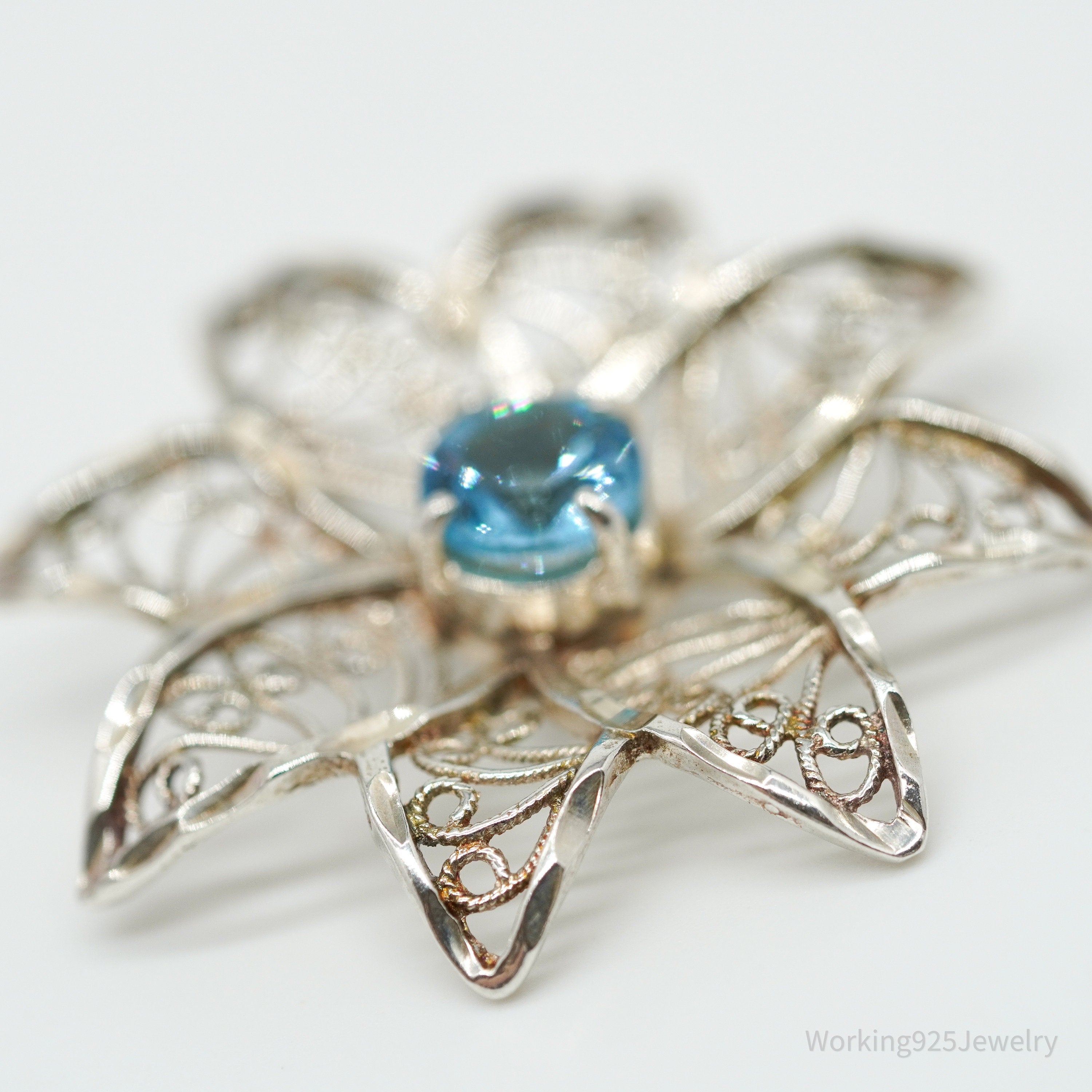 Vintage Ornate Blue Topaz Flower Sterling Silver Necklace Pendant