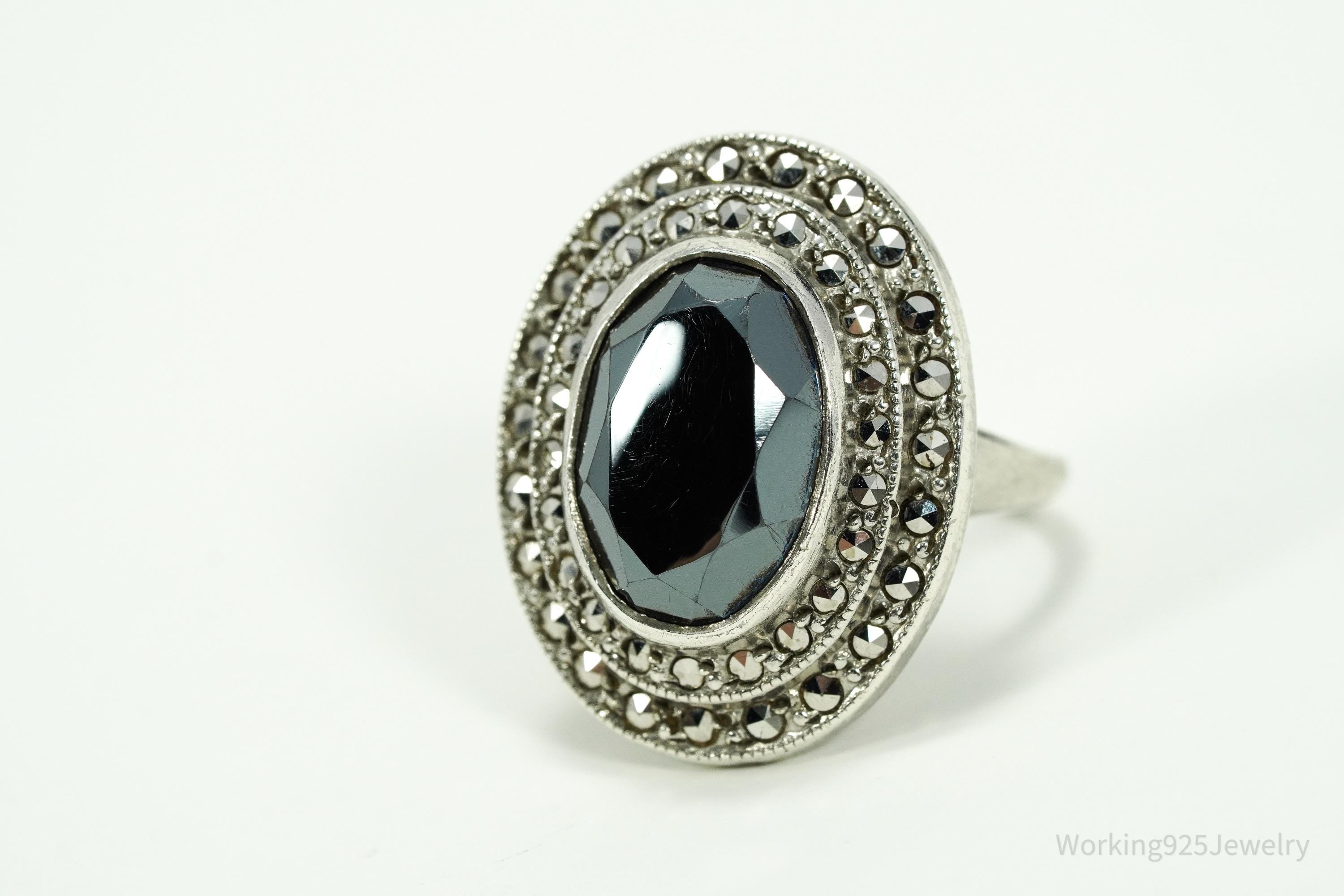 Antique Uncas MFG CO Hematite & Marcasite Sterling Silver Ring Size 6.75