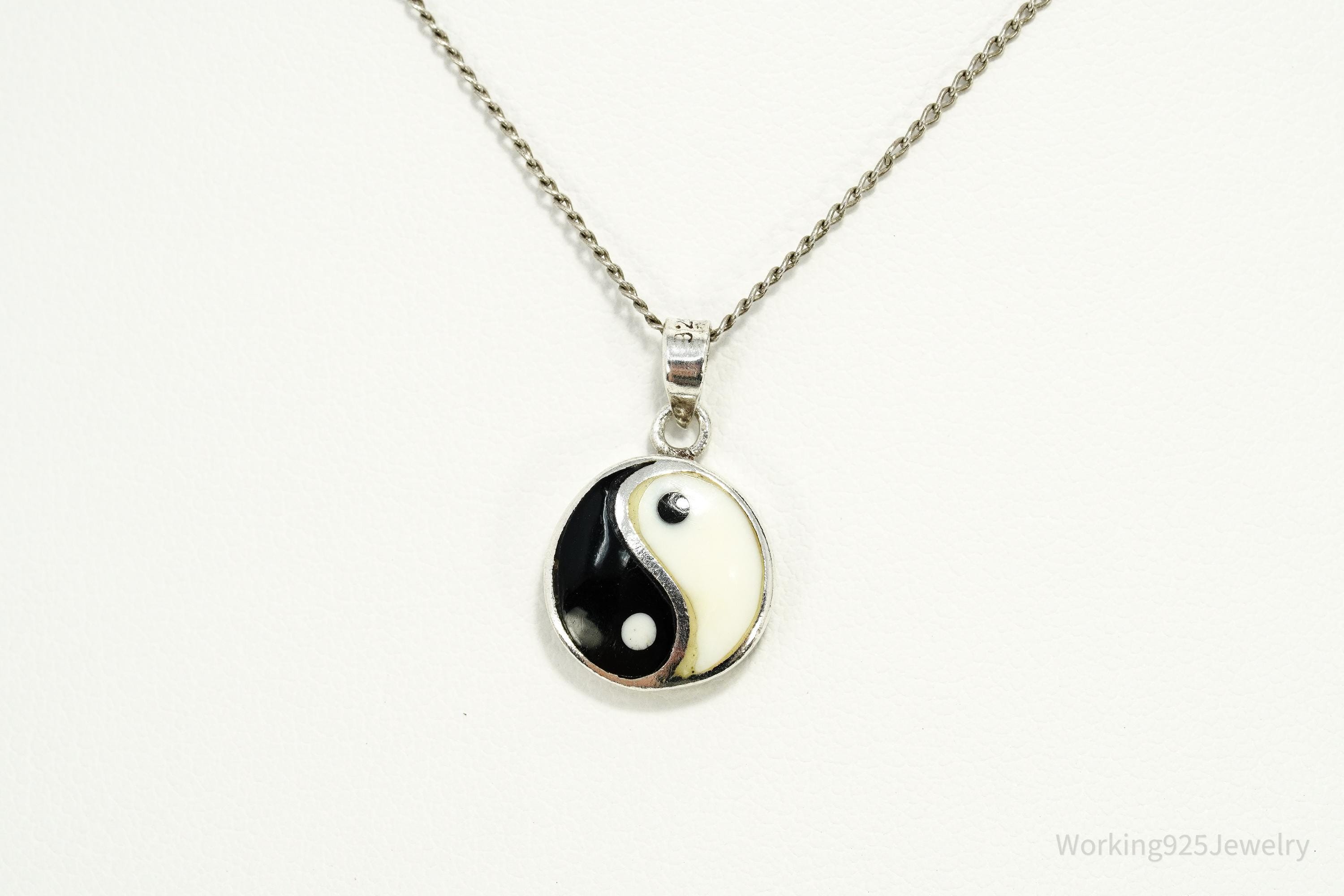 Vintage Black & White Onyx Inlay Yin Yang Sterling Silver Necklace 16"