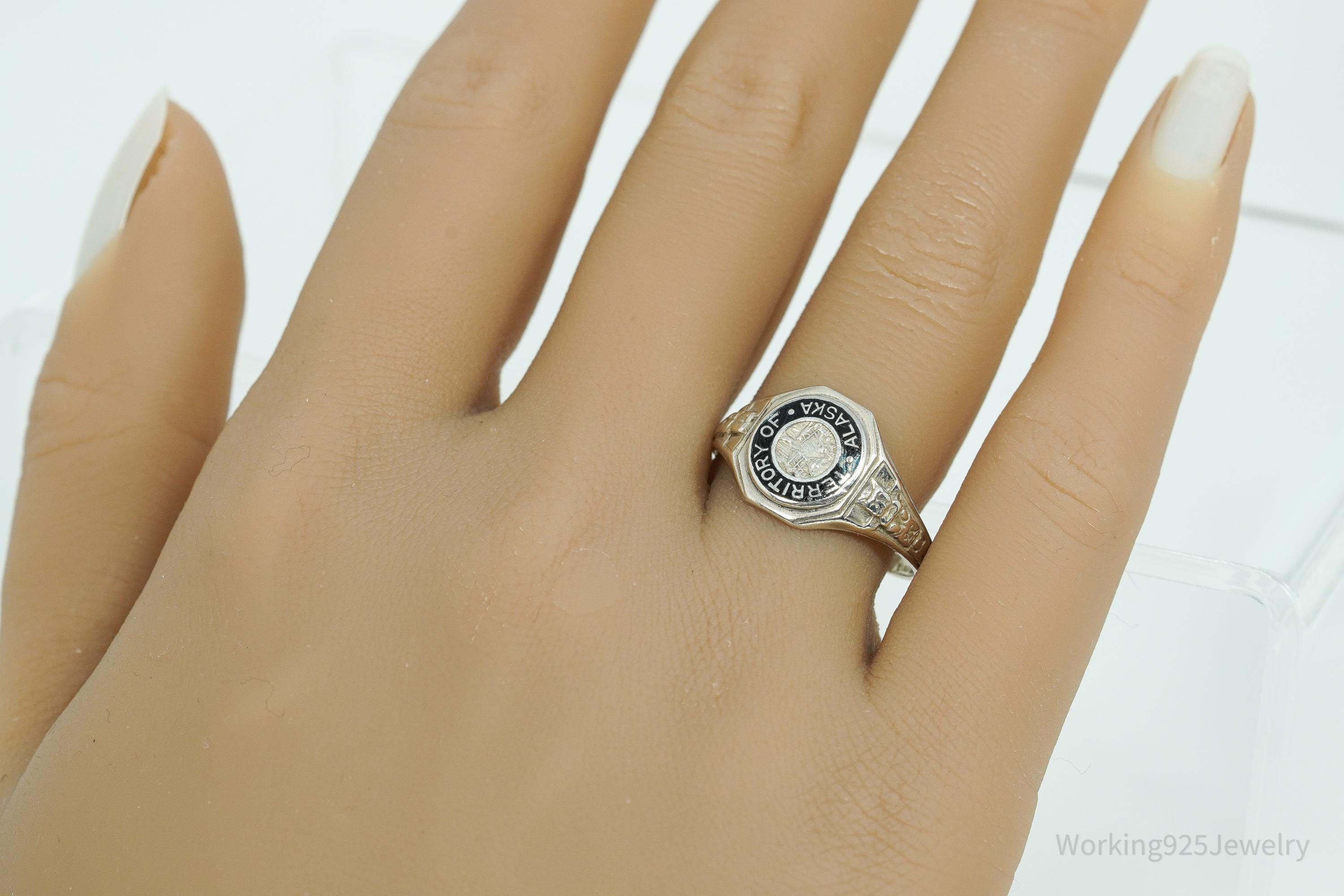 RARE 1930s Territory Of Alaska Souvenir Sterling Silver Ring - Size 9.75