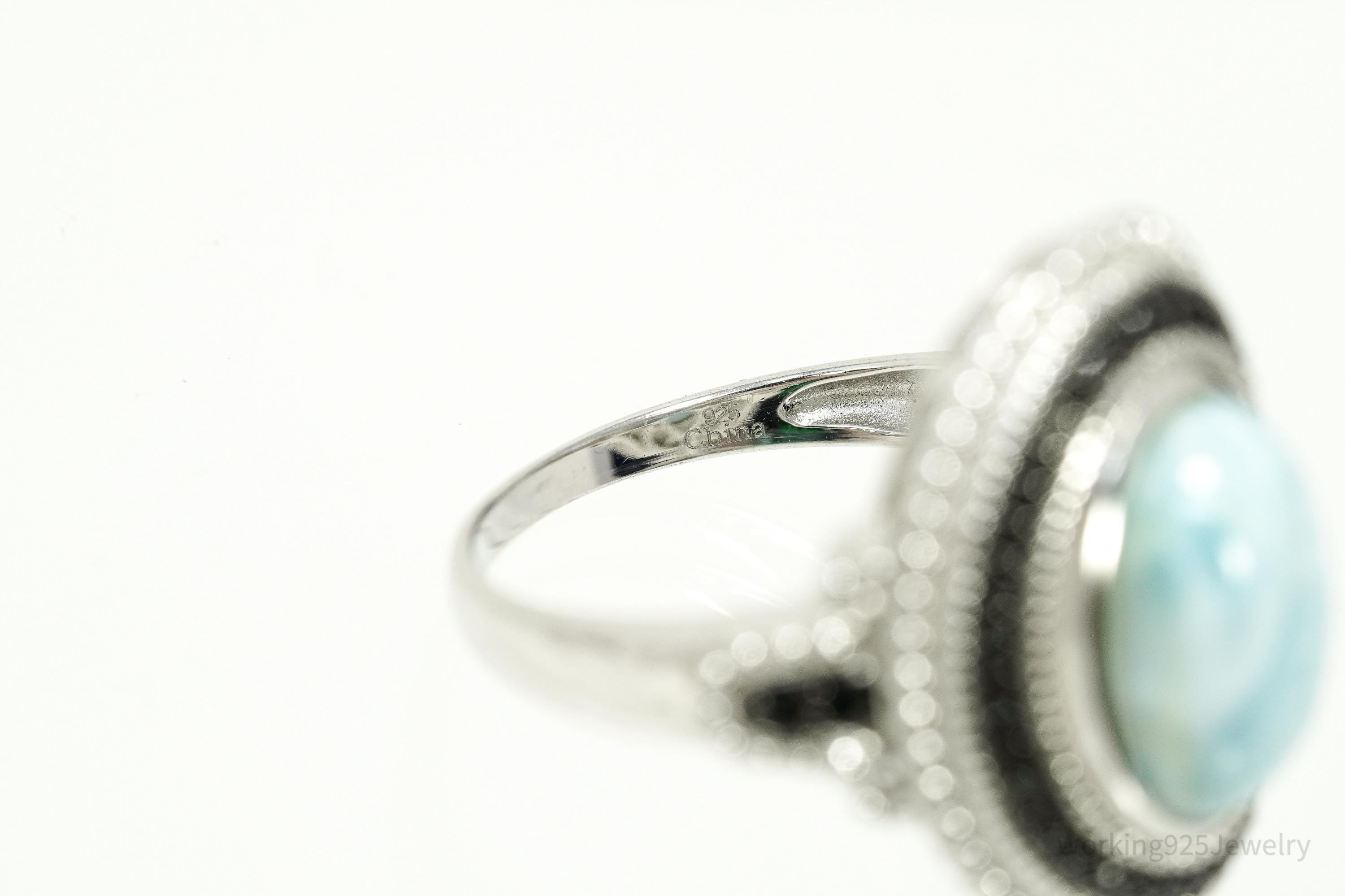 Vintage Blue Larimar & Black Spinel Sterling Silver Ring - Size 11