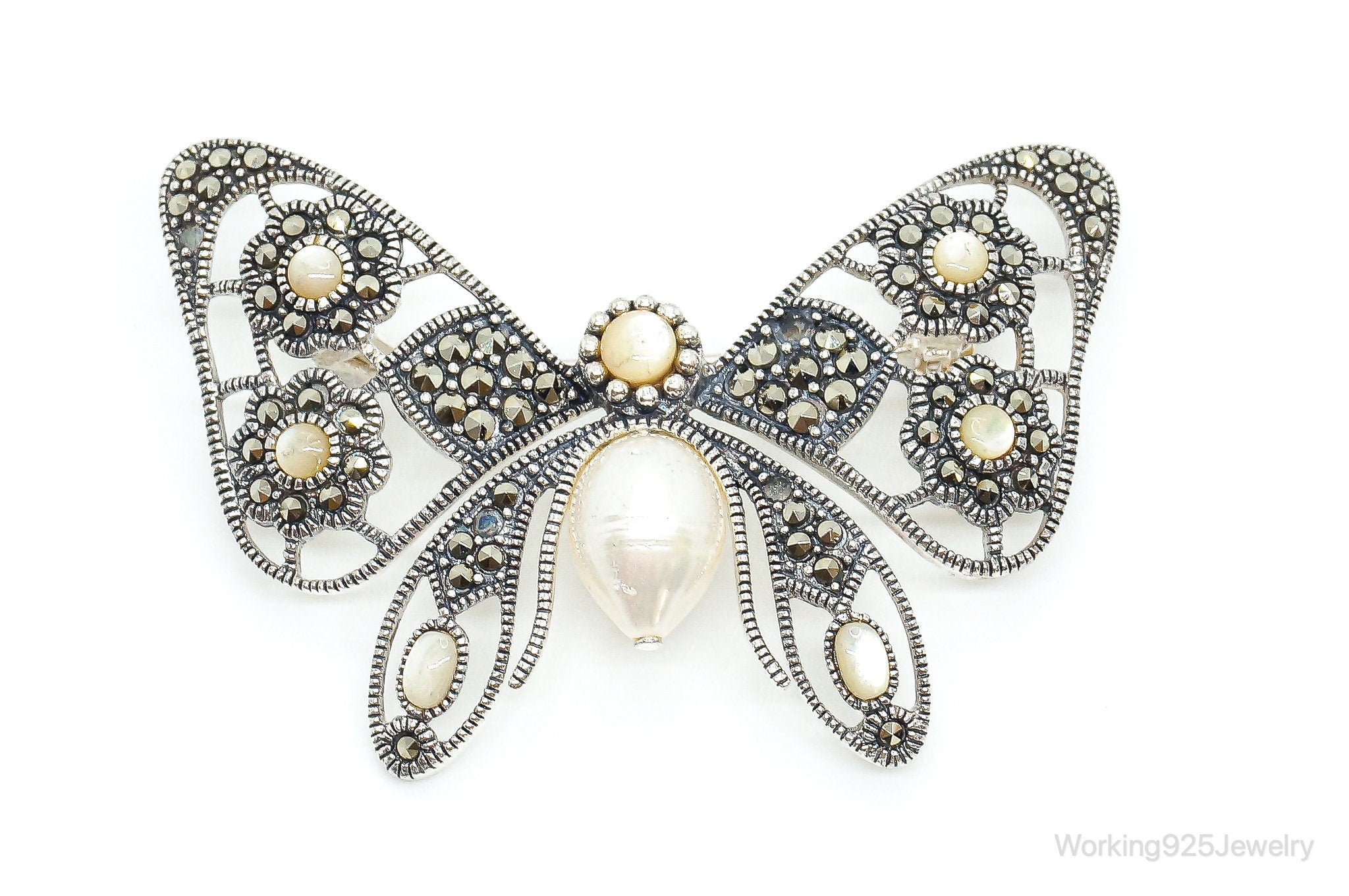 Big Vintage Pearl Marcasite Sterling Silver Butterfly Brooch Pin