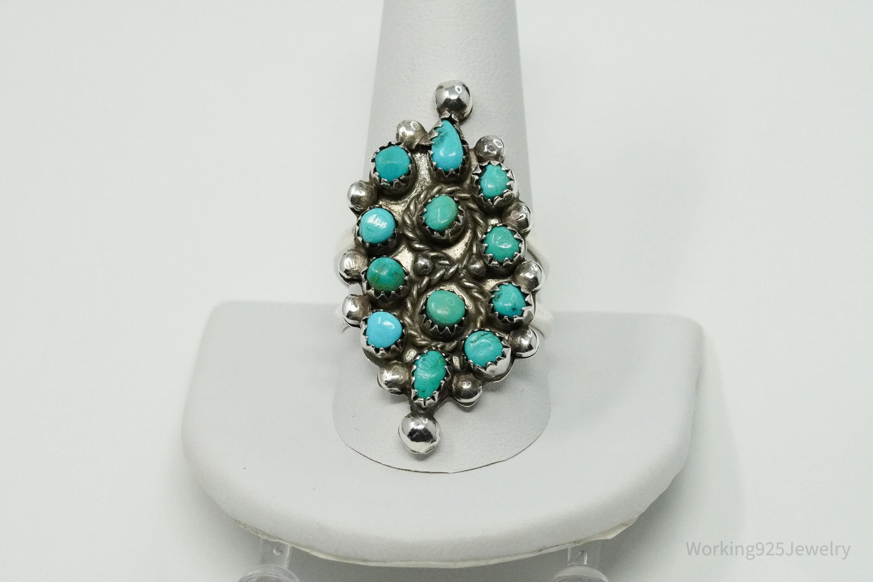 Vintage Handmade Native American Turquoise Inlay Unsigned Silver Ring - Size 10.75