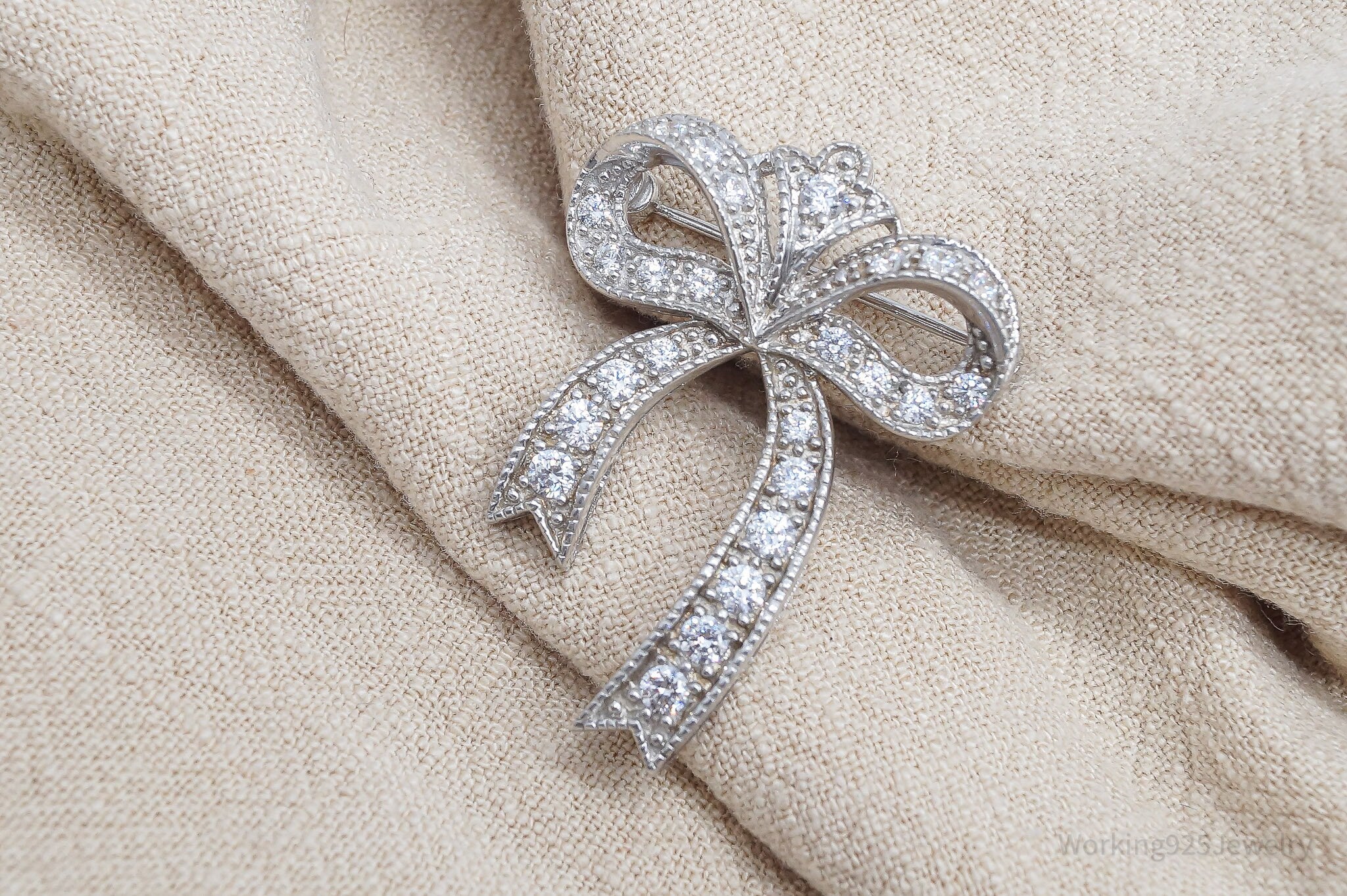 Vintage Diamonique Cubic Zirconia Sterling Silver Ribbon Bow Brooch Pin