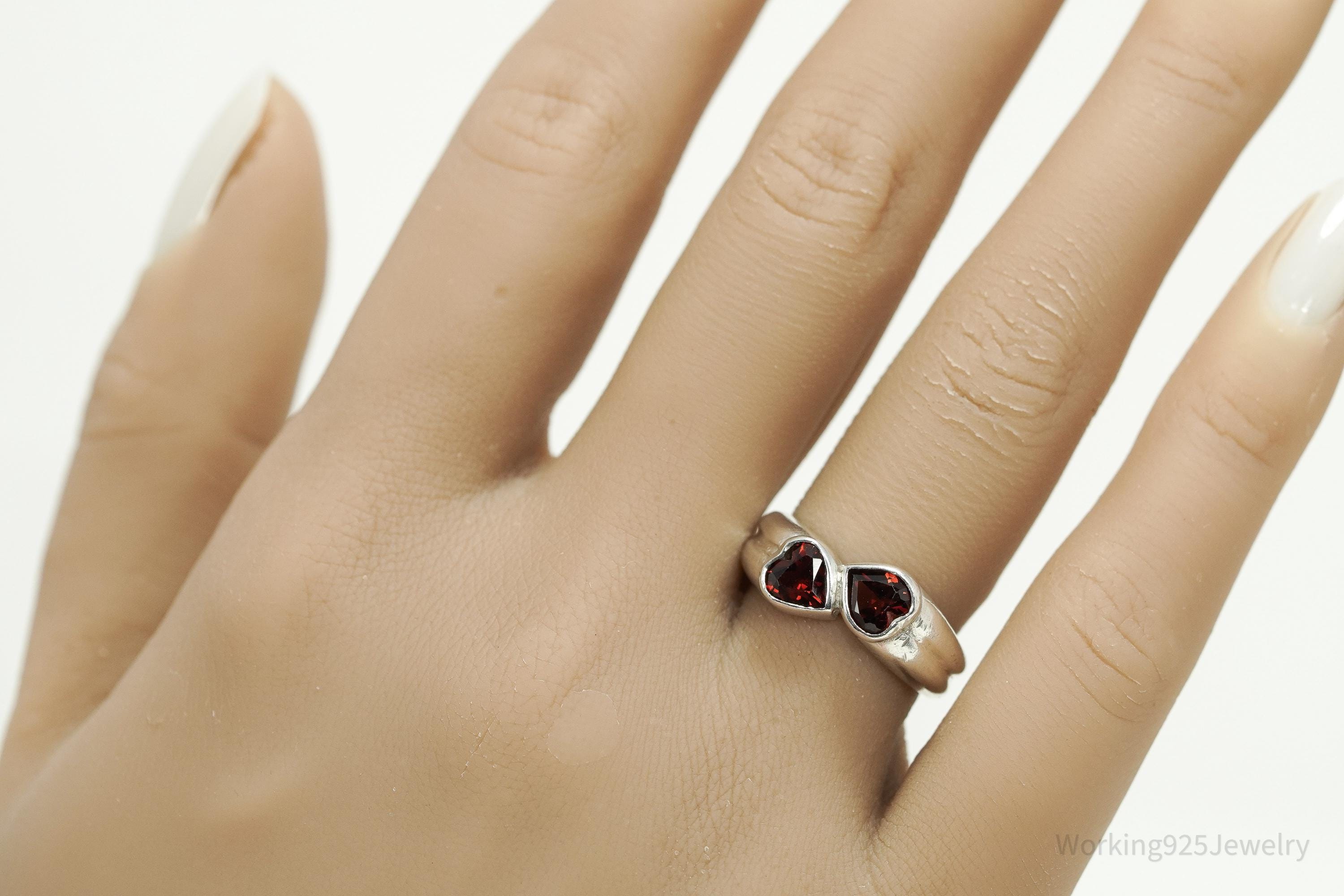 Vintage Garnet Hearts Sterling Silver Ring - Size 7.25