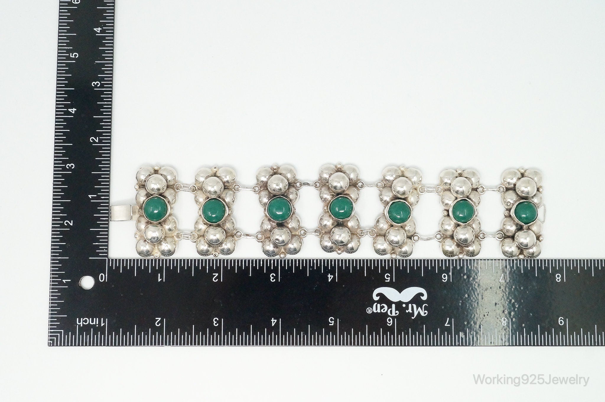 Vintage Ormex Mexico Handmade Green Onyx Sterling Silver Panel Bracelet