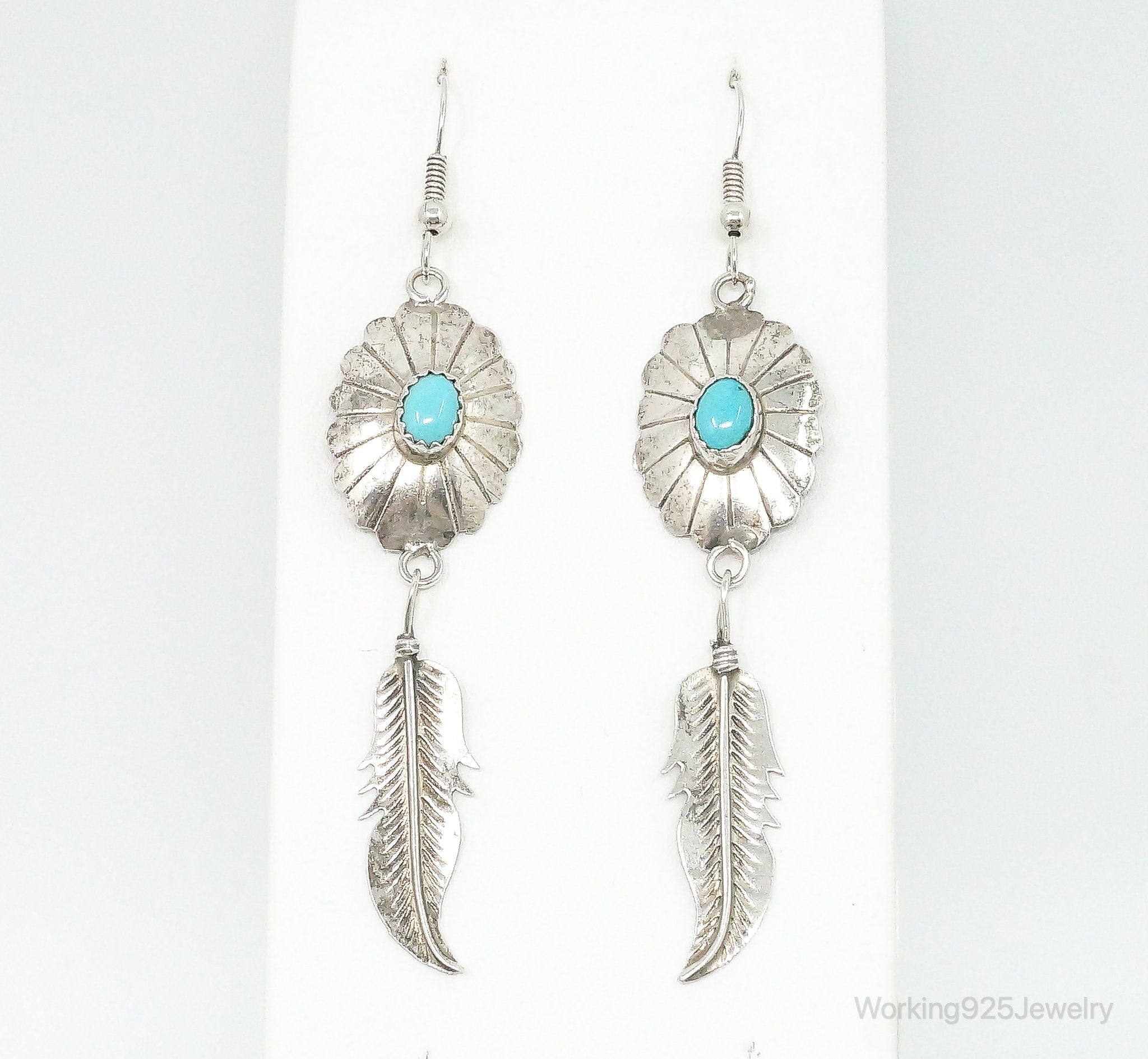 Vintage Native American Turquoise Feather Sterling Silver Earrings