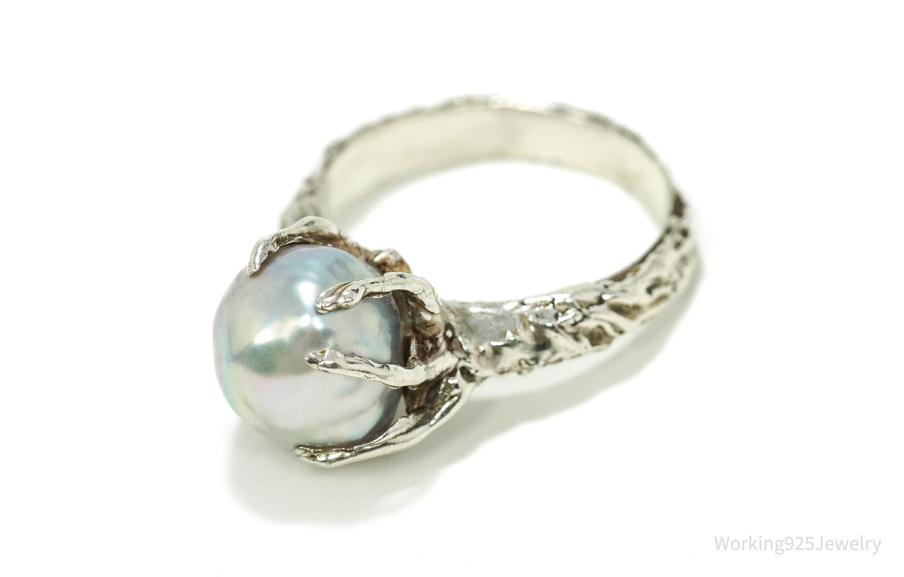 Vintage Pearl Brutalist Silver Ring - Size 6