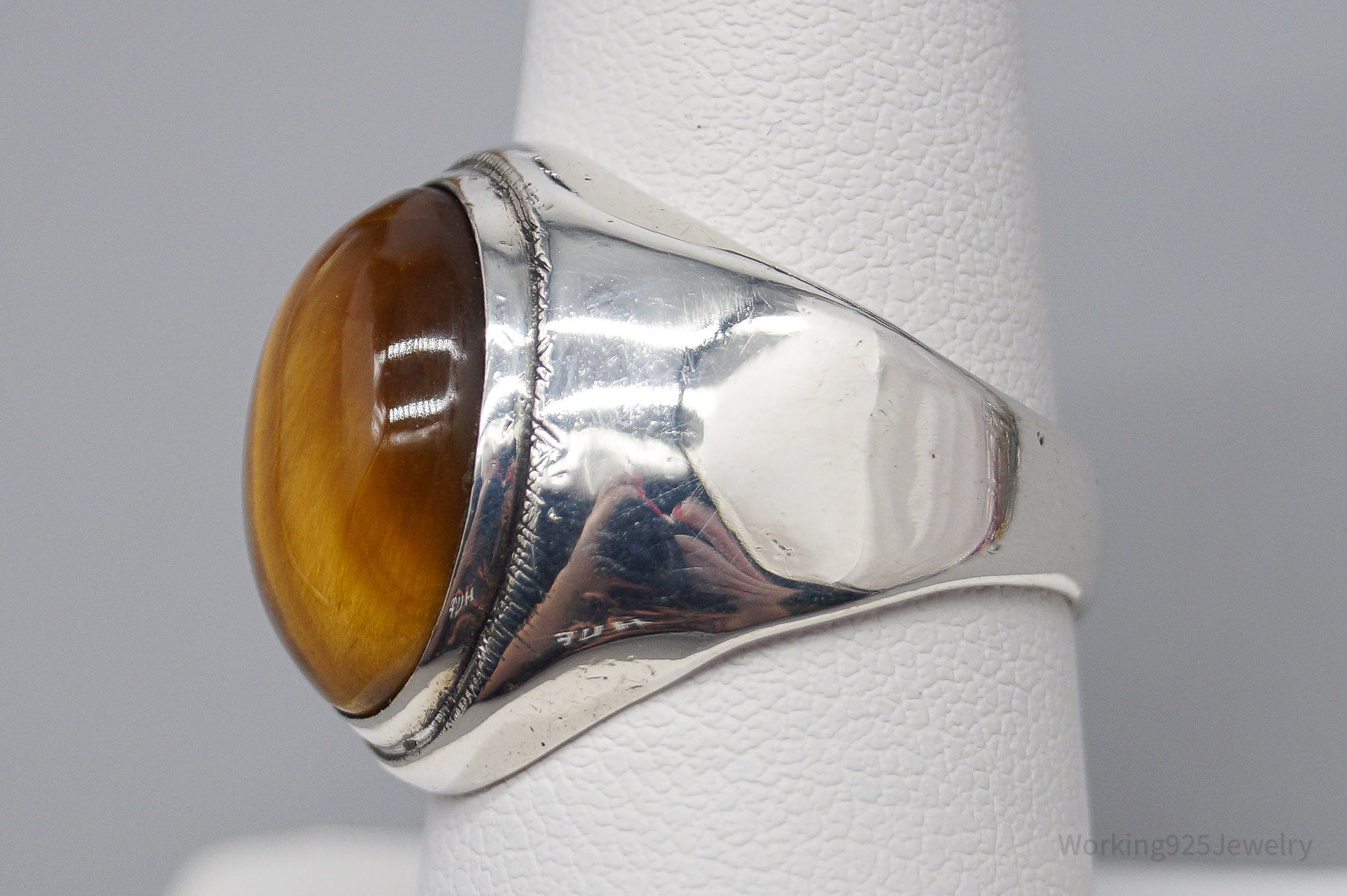 Antique Large Tigers Eye Sterling Silver Ring - Size 8