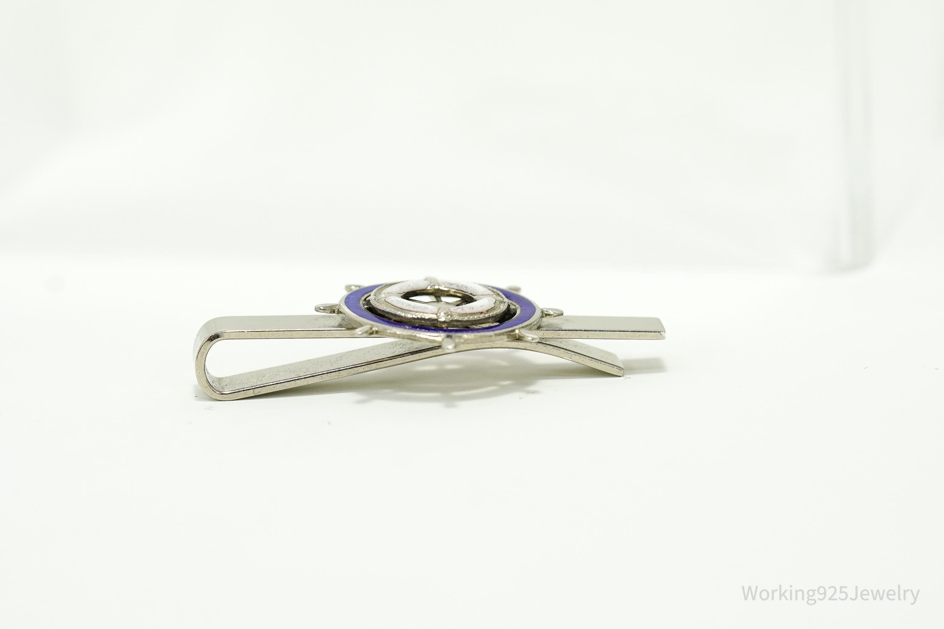 Vintage Blue & White Enamel Ship Wheel Sterling Silver Tie Bar