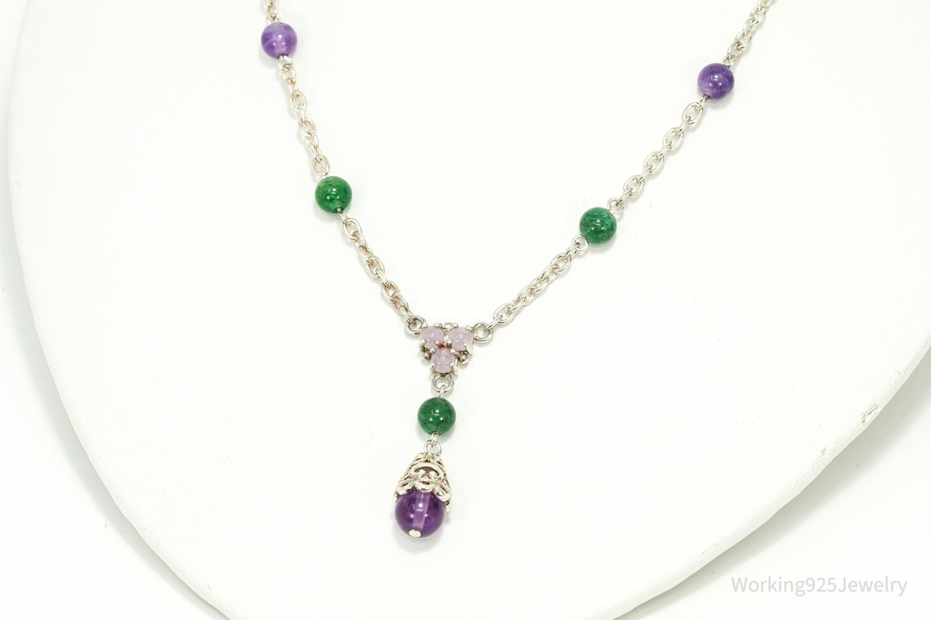 Vintage Jade & Amethyst Sterling Silver Necklace 17"