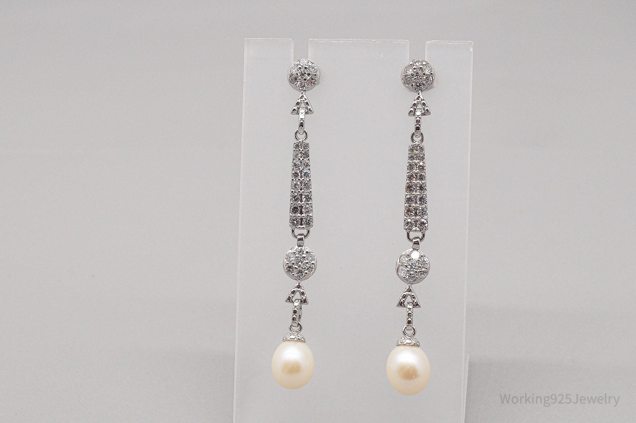 Vintage CGI Faux Pearl Cubic Zirconia Silver Tone Earrings