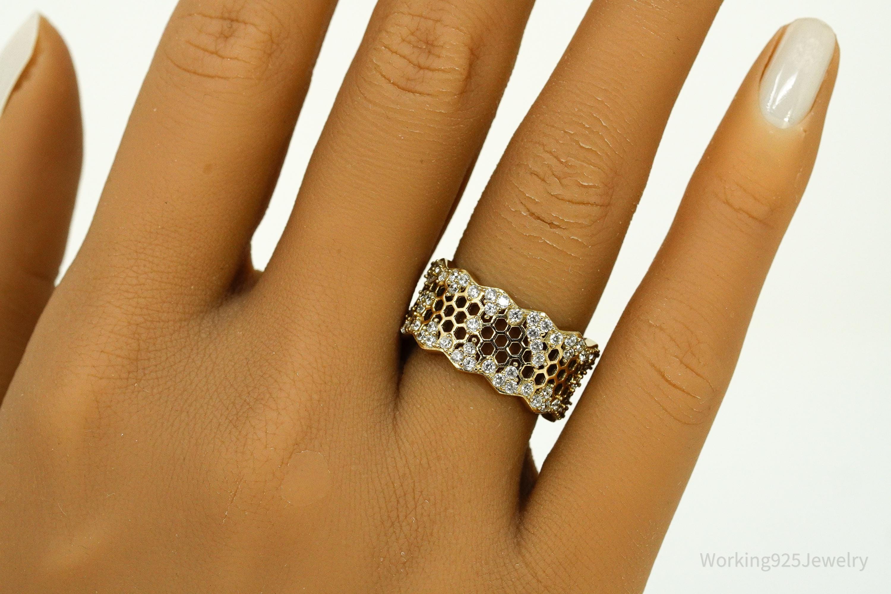 Vintage Cubic Zirconia Gold Vermeil Sterling Silver Honeycomb Lace Ring - Size 7