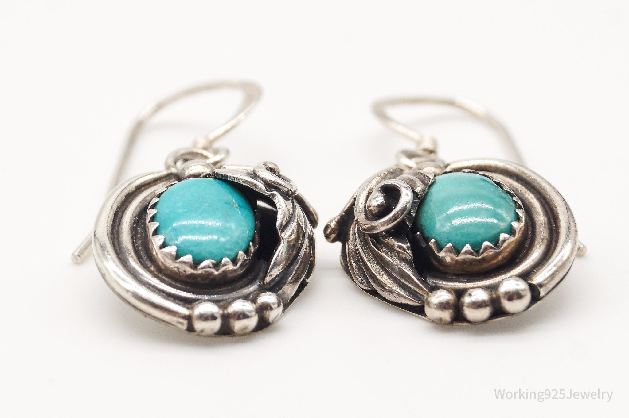 Vintage Native American Artisan LG Turquoise Sterling Silver Earrings