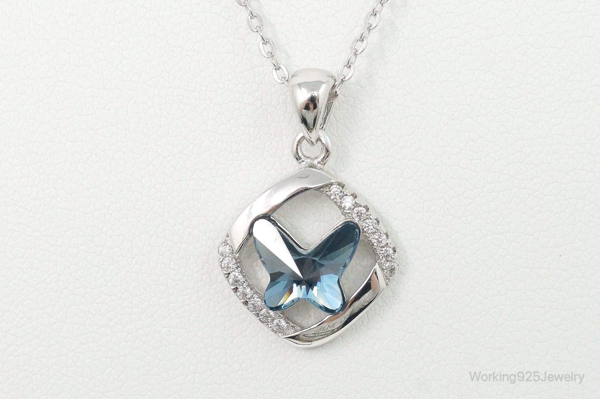 Blue Crystal Cubic Zirconia Butterfly Sterling Silver Necklace