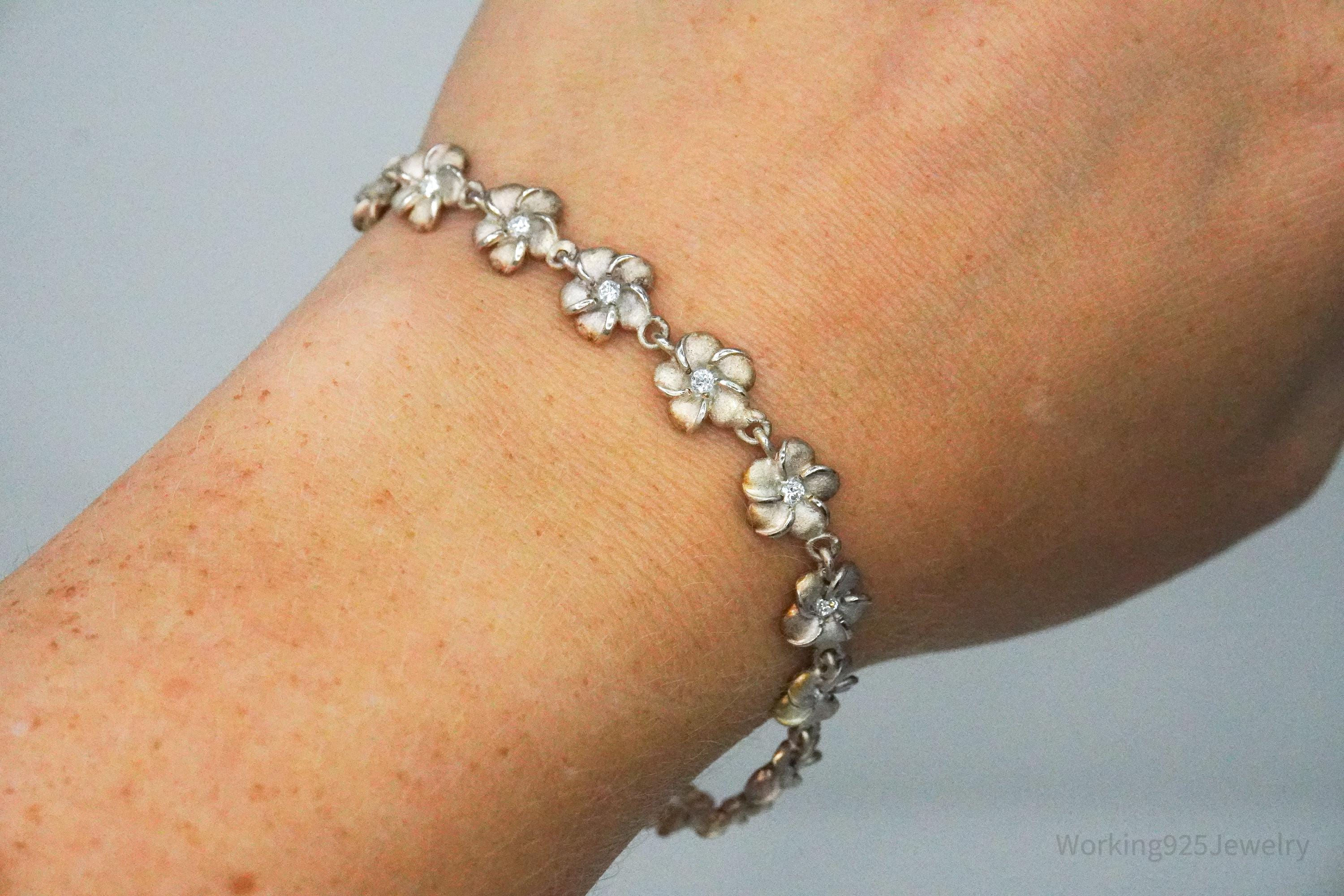 Vintage Cubic Zirconia Flowers Sterling Silver Bracelet 7 5/8"