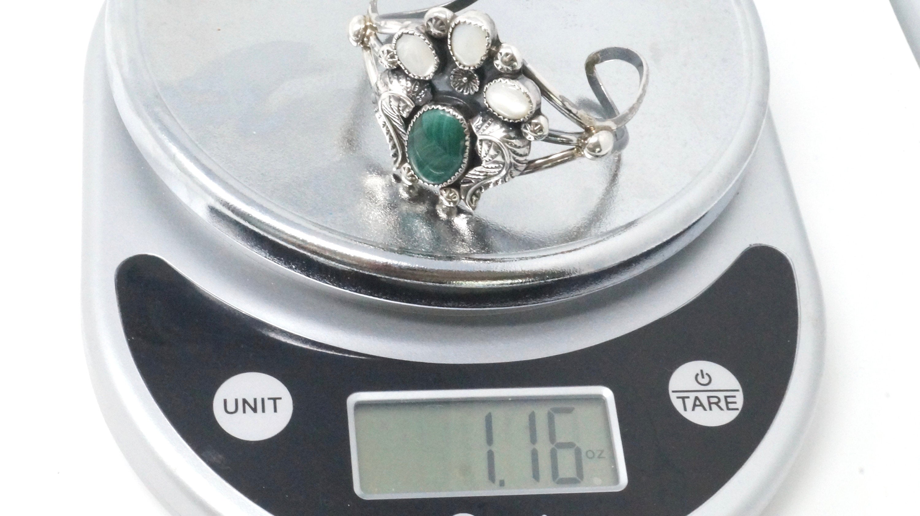 Vintage Malachite Mother of Pearl Sterling Silver Feather Design Cuff Bracelet