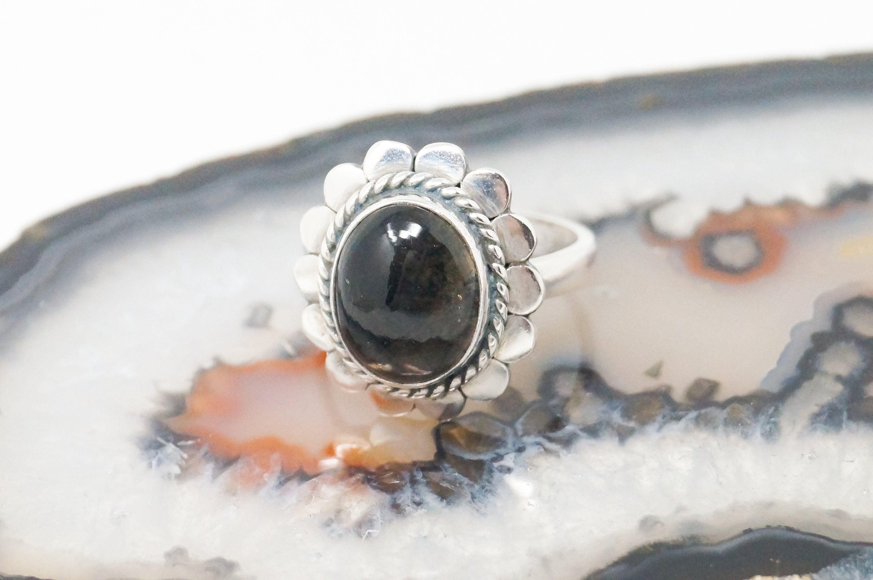 Vintage Smoky Topaz Flower Southwestern Sterling Silver Ring - Sz 7