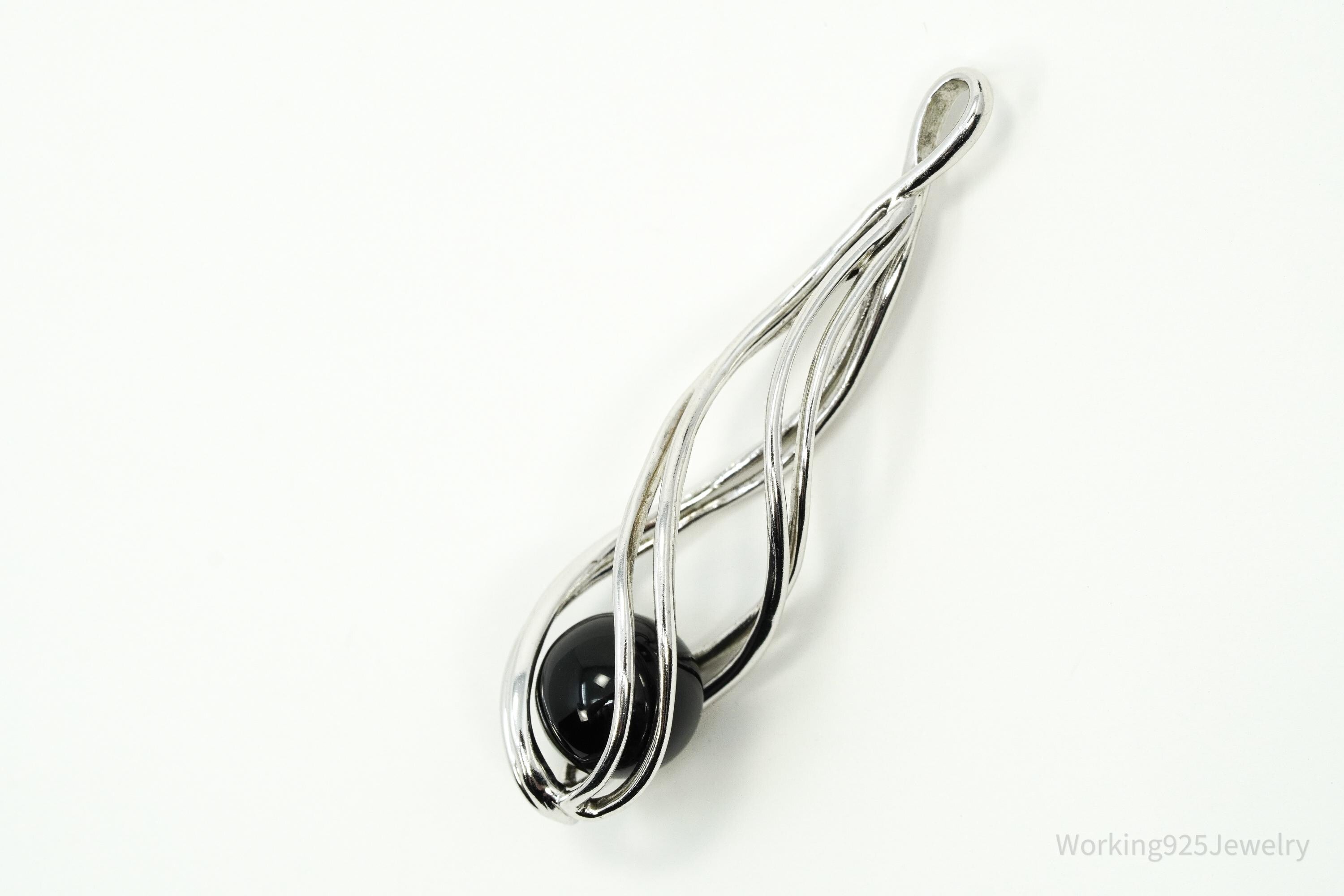 Vintage Designer Spiral Caged Black Onyx Sterling Silver Necklace Pendant