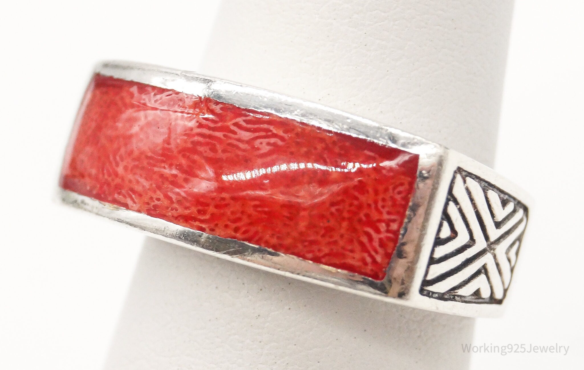 Vintage Red Resin Sterling Silver Ring - Size 5.75