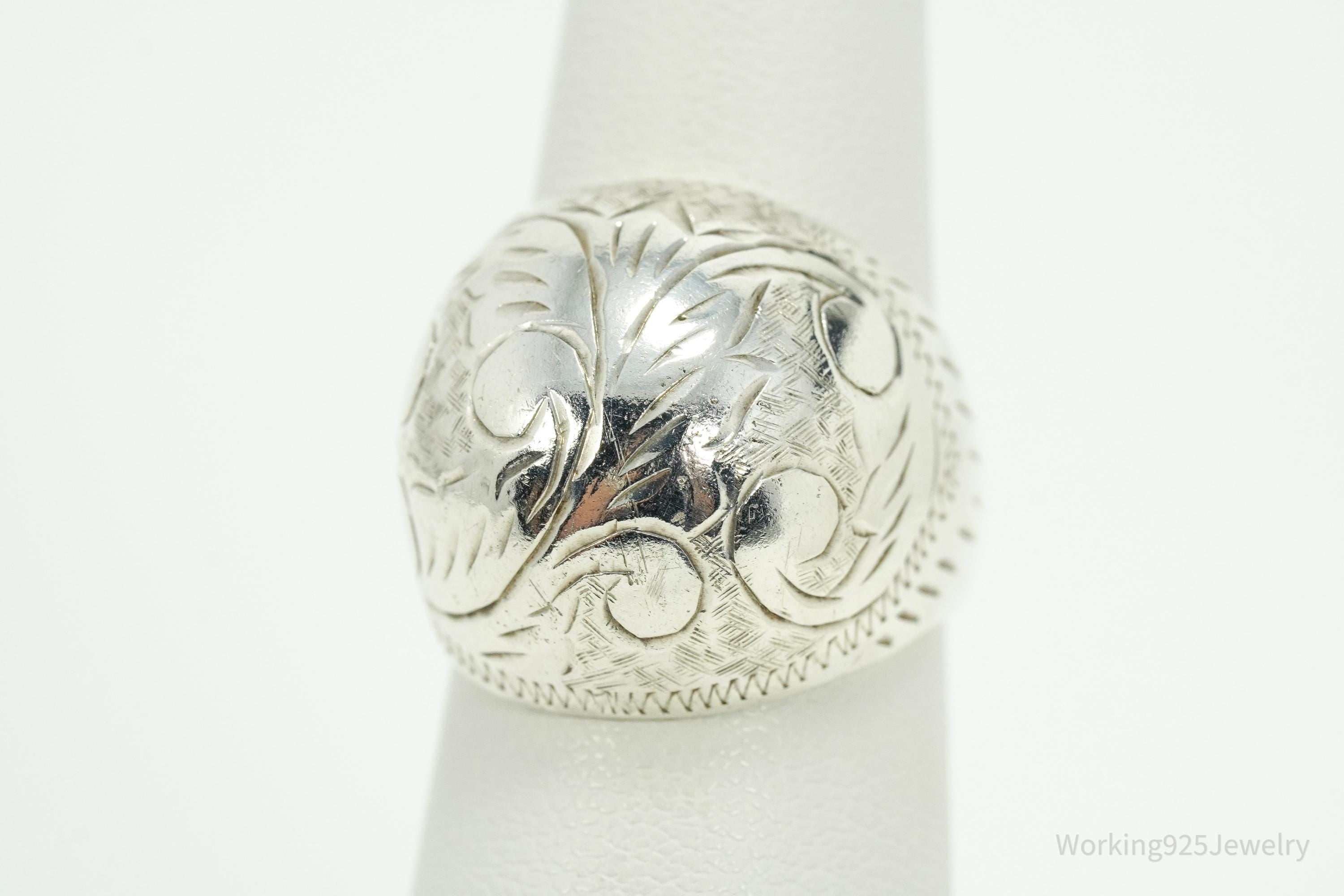 Vintage Floral Swirl Etched Sterling Silver Dome Ring - Size 6.25