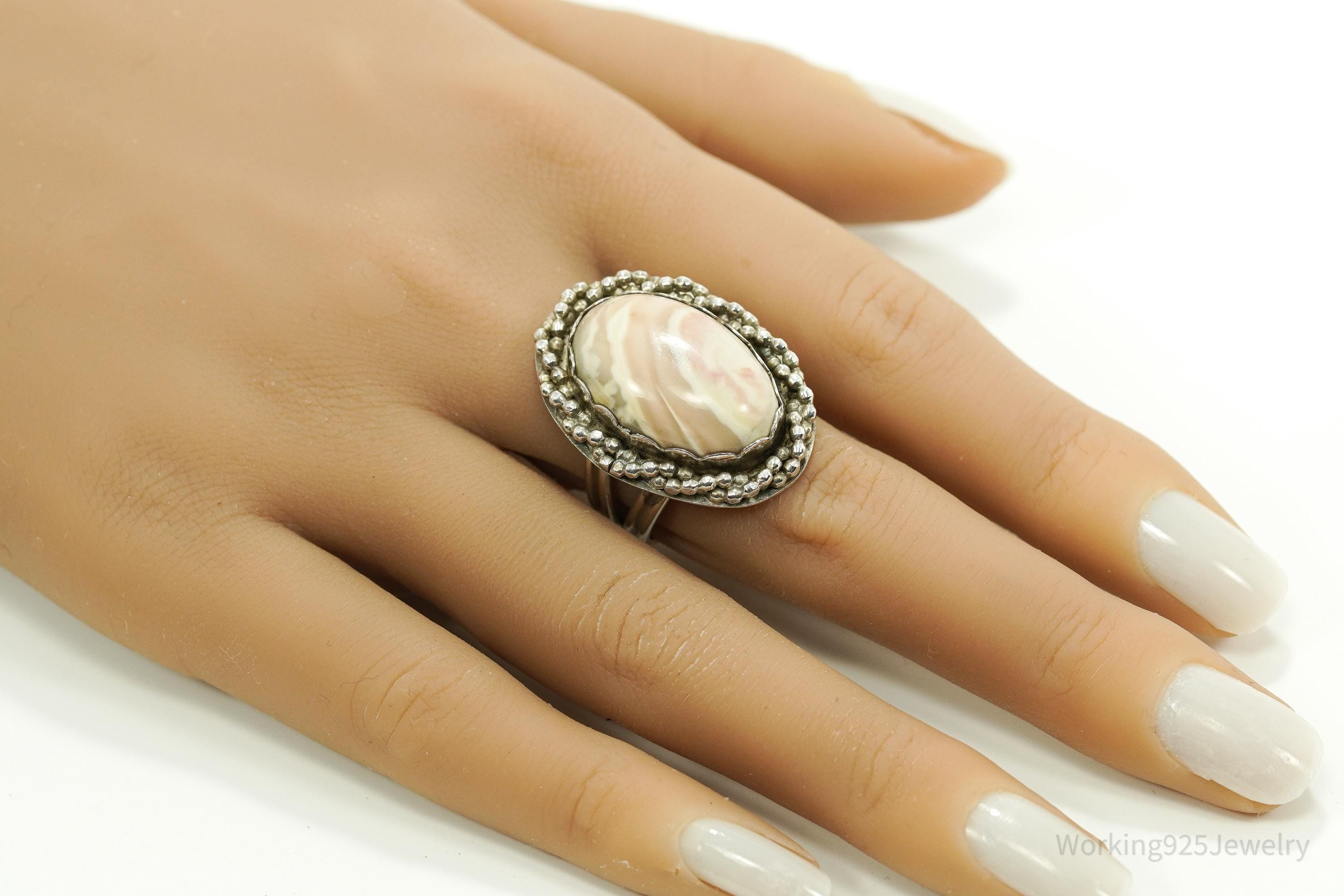 Vintage Large Agate Silver Ring - Size 9.25