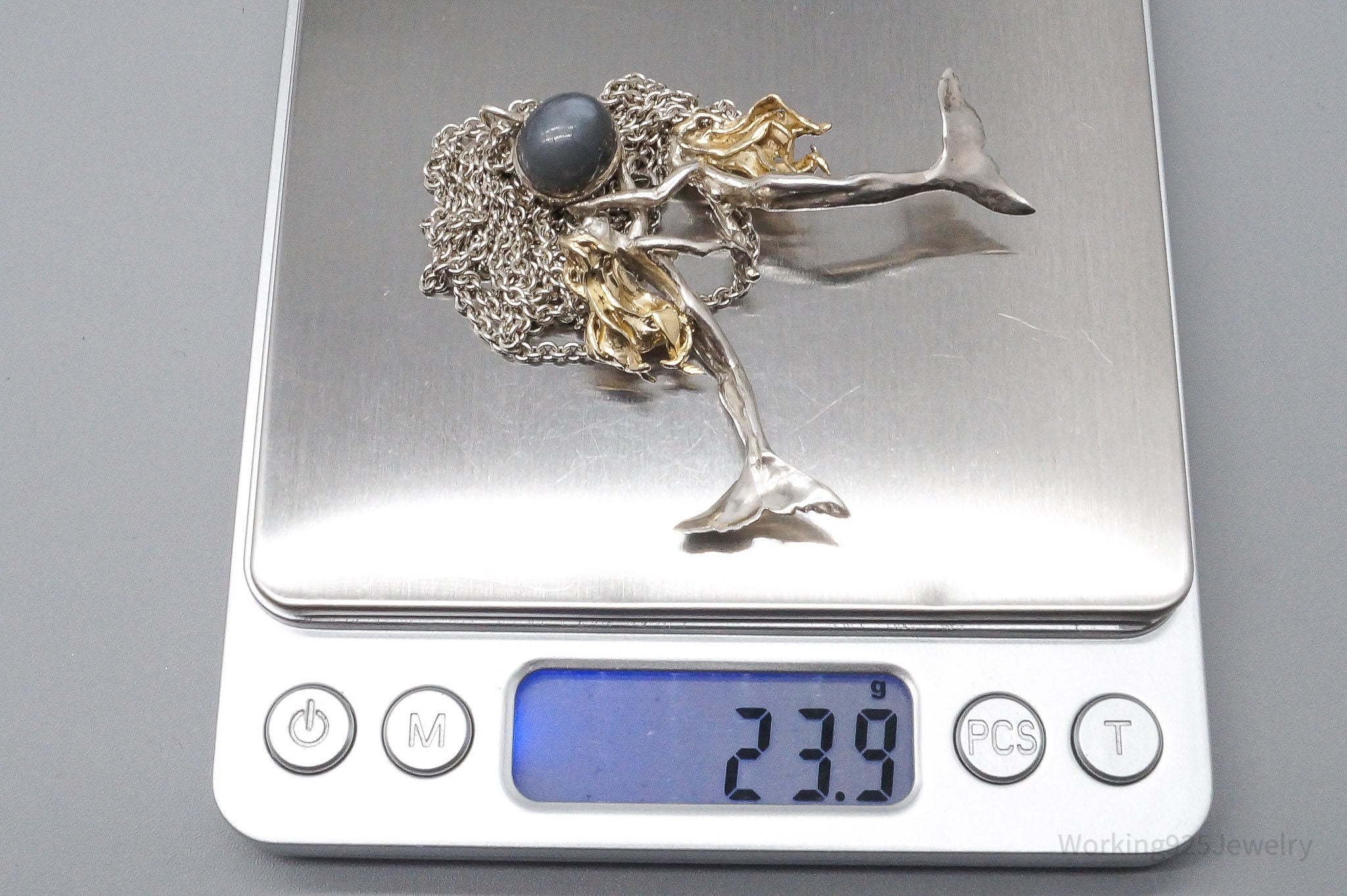 Vintage Gray Moonstone 24K Gold Sterling Silver Mermaids Necklace 34"