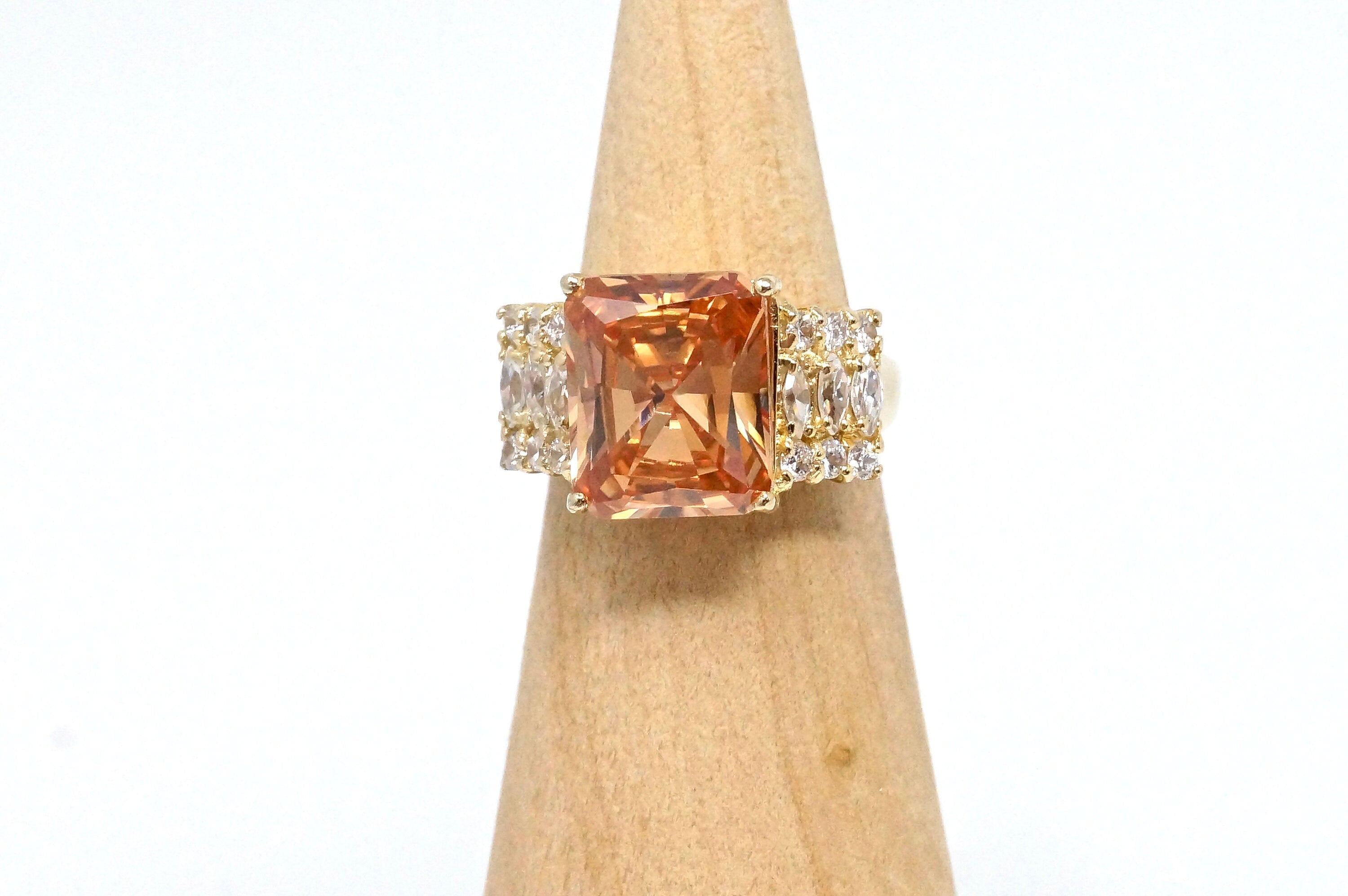 Vintage Art Deco Style Large Citrine Cz Accented Gold Vermeil Sterling Silver Statement Ring - Size 5.75