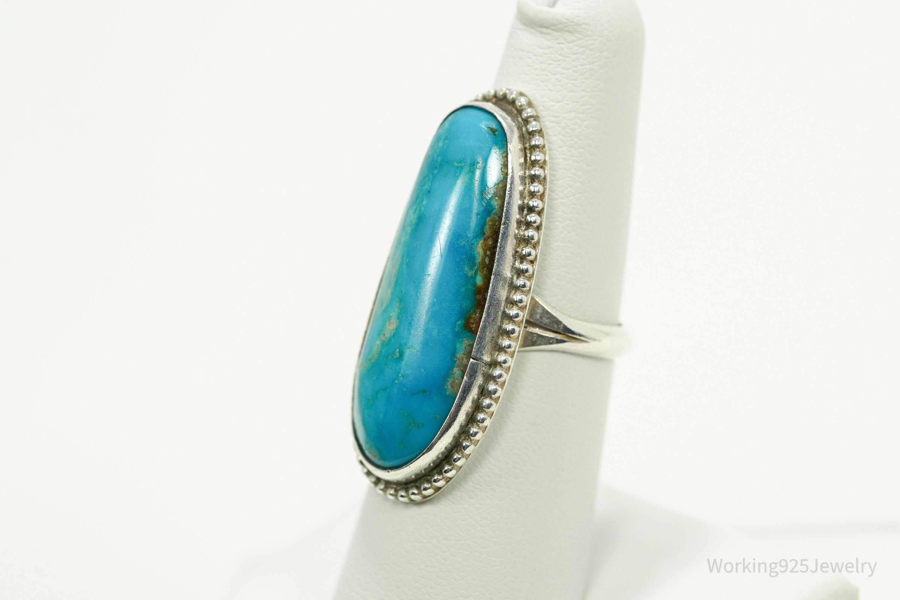 Vintage Handmade Native American Turquoise Unsigned Silver Ring - Size 6.75