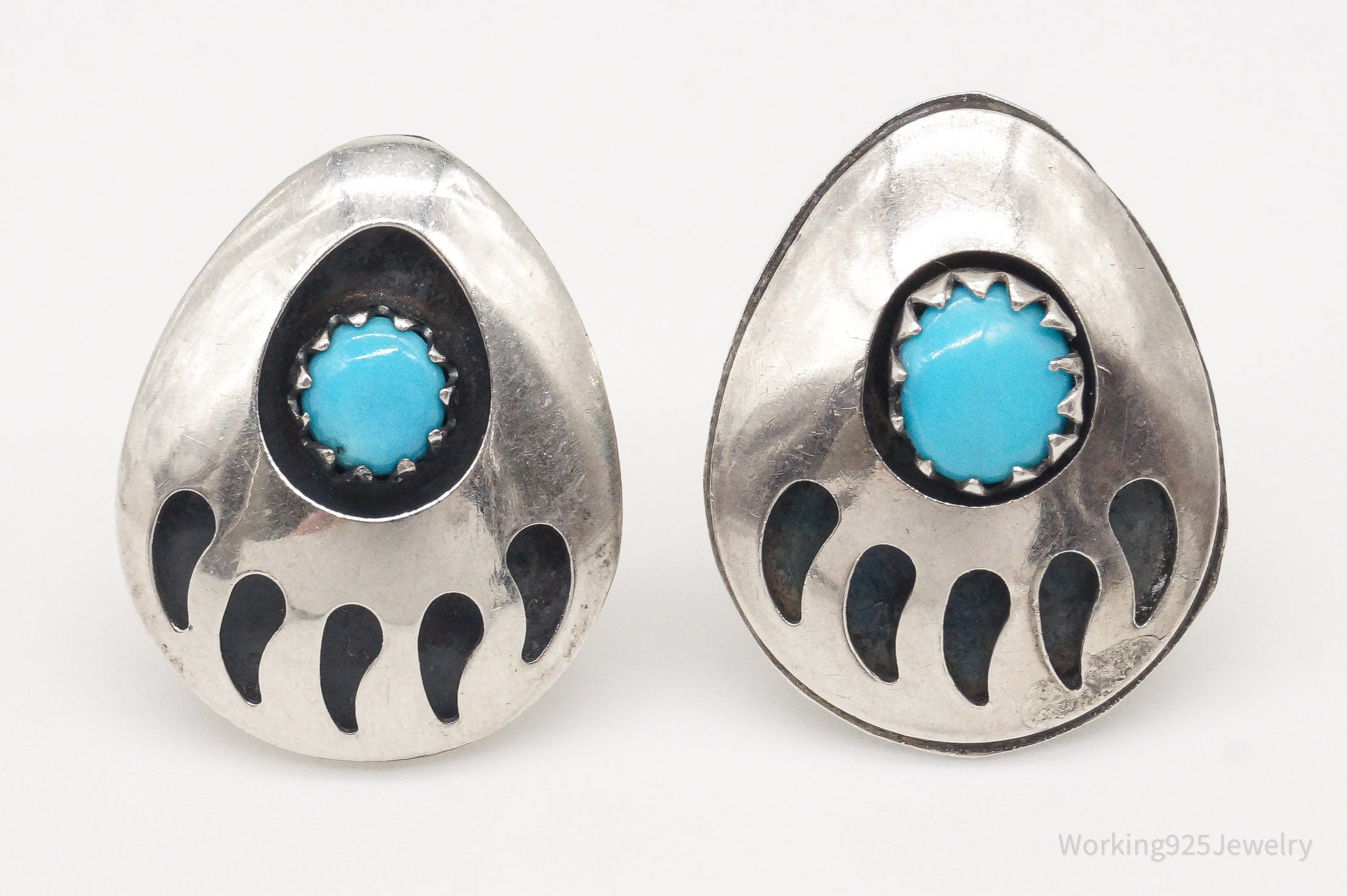 Vintage Native American Turquoise Bear Paw Print Sterling Silver Earrings