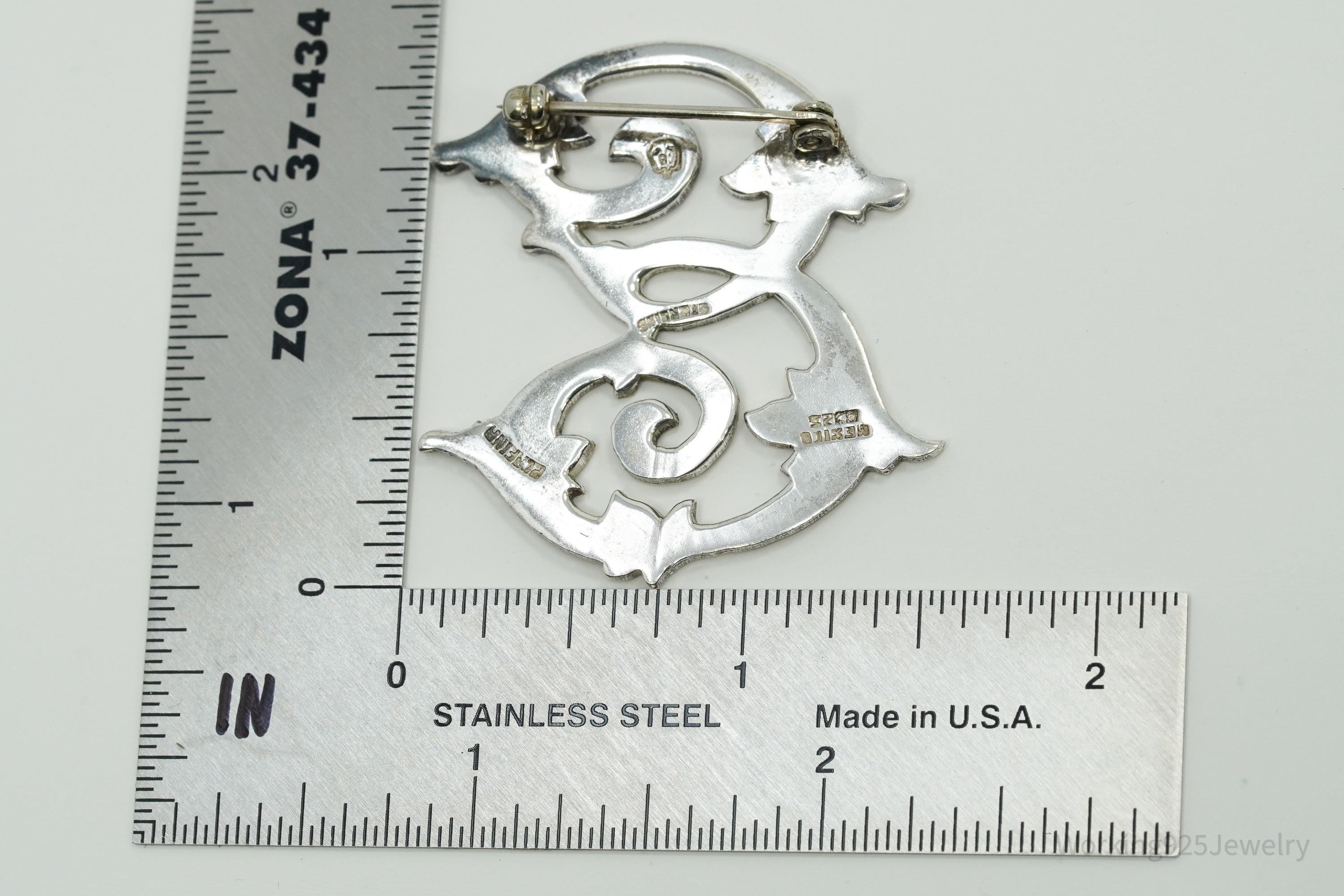 Large Vintage Mexico "E" Sterling Silver Brooch Pin